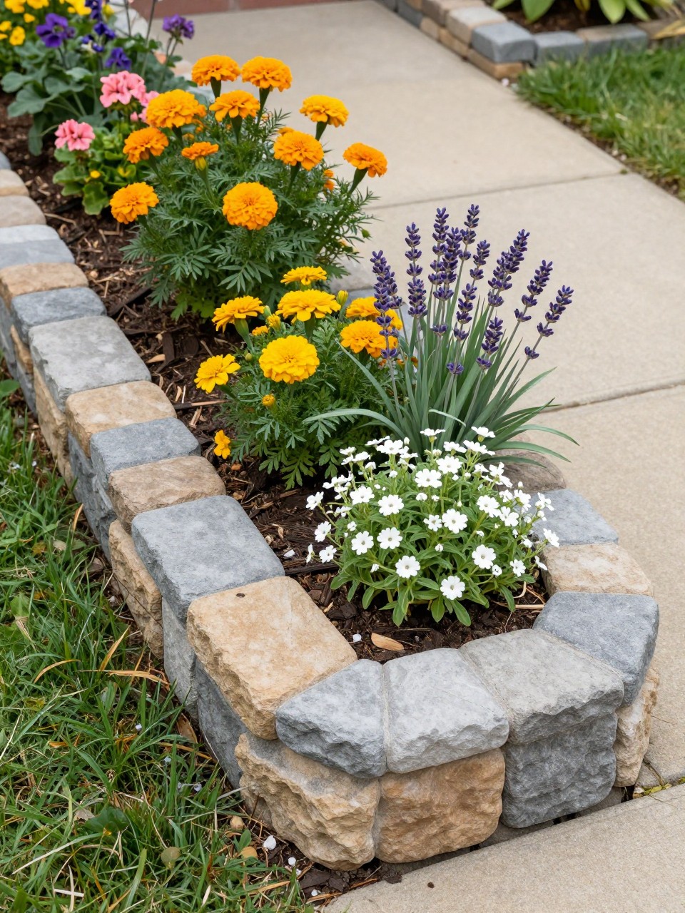 A practical flower bed edged with mixed recycled pavers in soft gray and tan tones, planted with marigolds, geraniums, lavender, and trailing alyssum, tidy mulch, backyard garden path nearby, realistic home garden photo, no people, no text, no watermark.