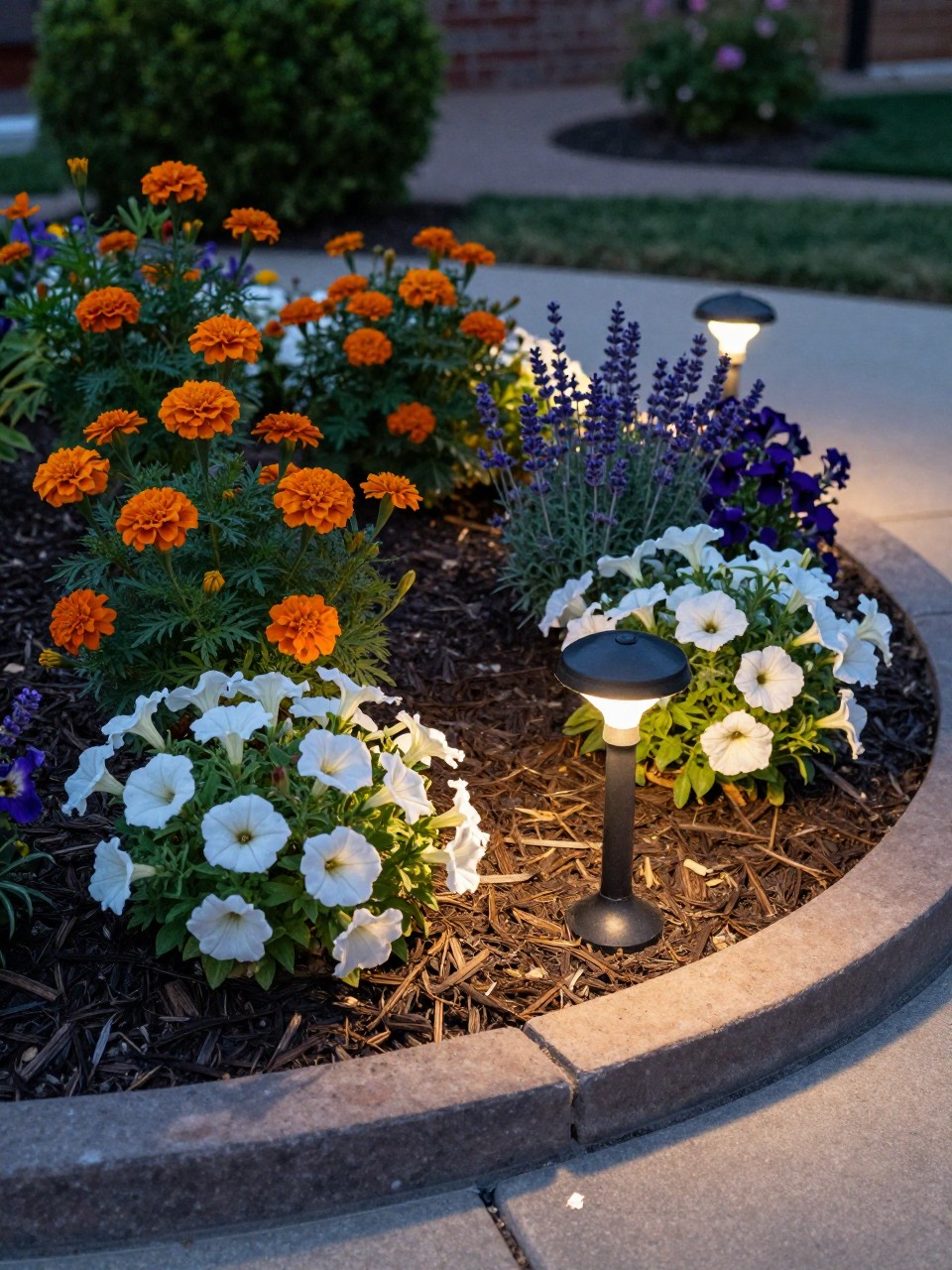 A circular flower bed with low solar lights placed evenly around the edge, planted with marigolds, petunias, lavender, salvia, and white alyssum, dark mulch, curved stone border, warm evening glow, cozy front yard garden, realistic outdoor lighting photo, no people, no text, no watermarks on images.