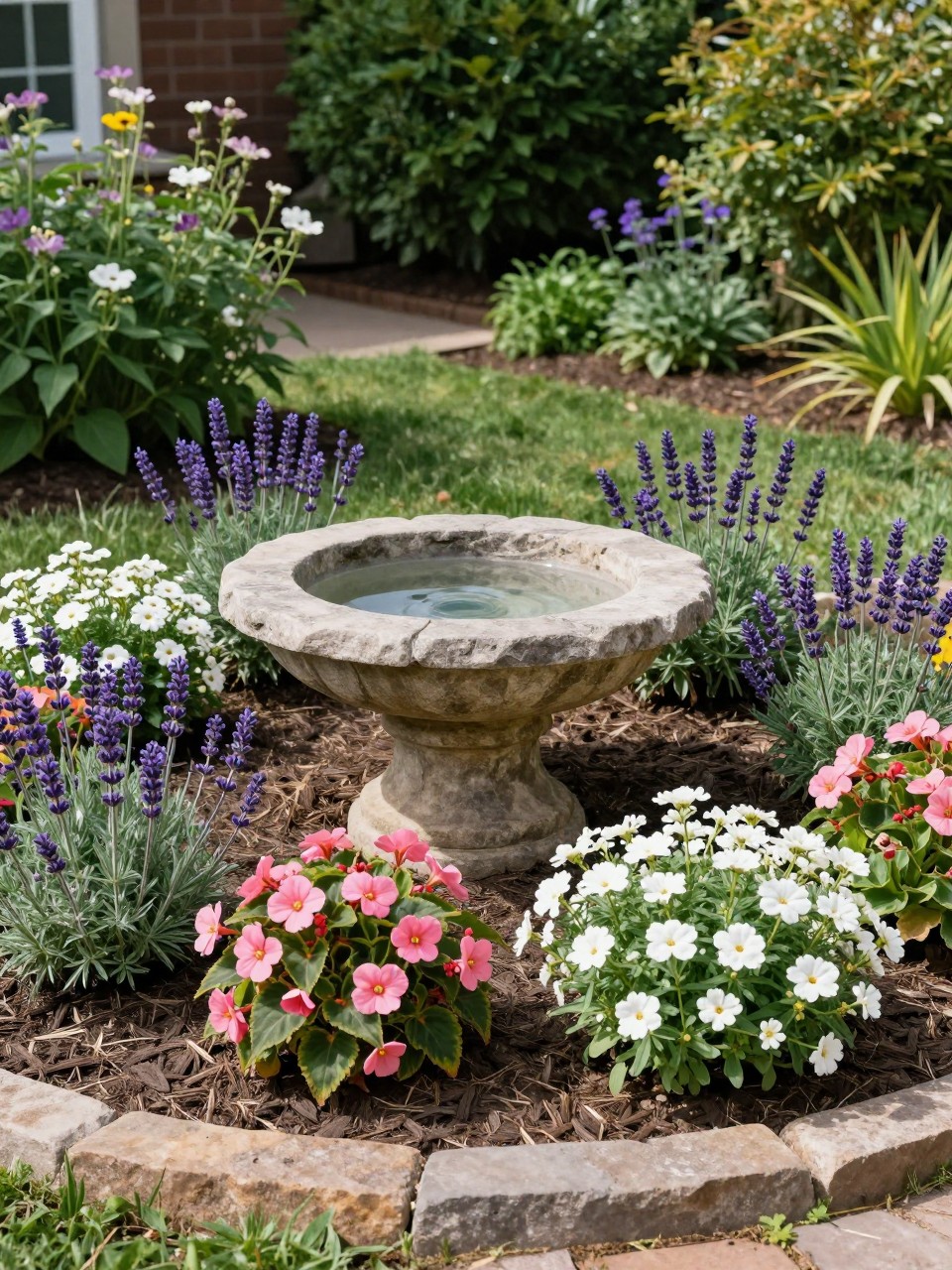 A circular flower bed with a stone birdbath in the center, surrounded by lavender, zinnias, white alyssum, pink begonias, and purple salvia, neat mulch, low stone edging, sunny backyard garden, peaceful and realistic home landscape photo, no people, no text, no watermarks on images.