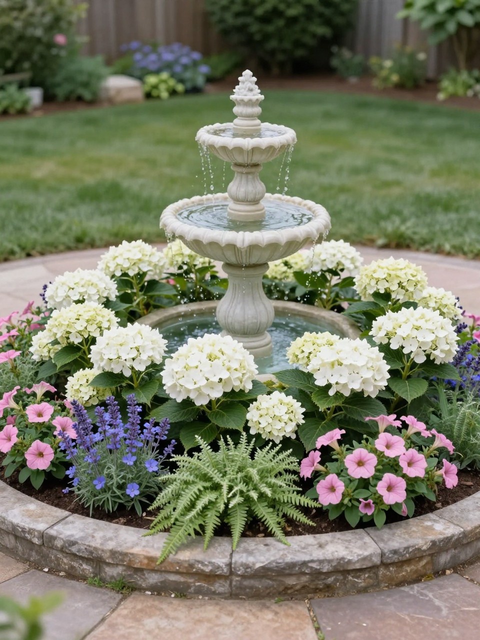 A circular flower bed with a small classic garden fountain in the center, surrounded by white hydrangeas, lavender, blue lobelia, pink petunias, and trailing greenery, low stone edging, elegant backyard garden setting, soft daylight, realistic DSLR photo, no people, no text, no watermarks on images.