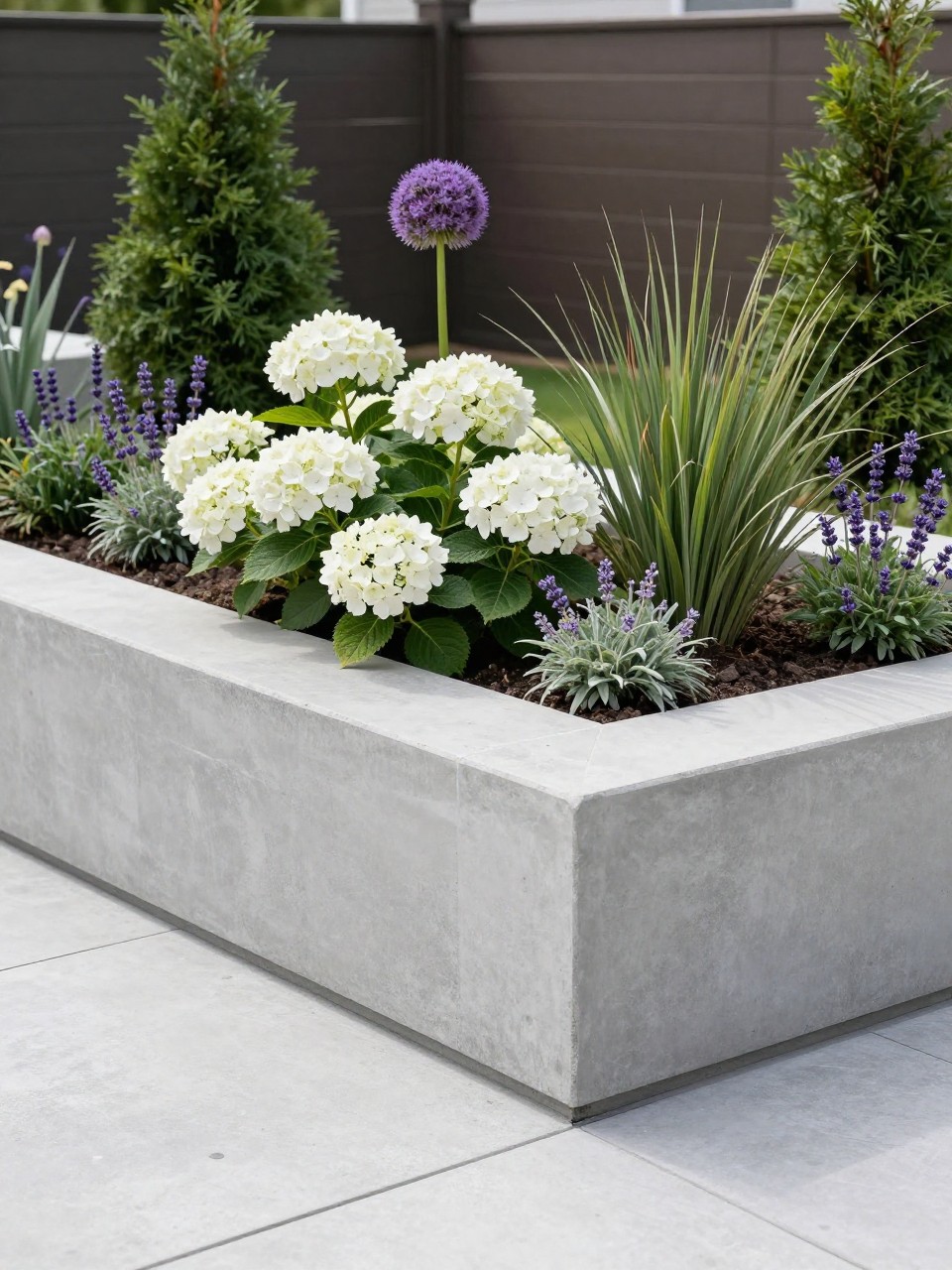 A sleek modern concrete raised flower bed beside a patio, smooth light gray concrete planter-style bed, planted with white hydrangeas, purple alliums, lavender, ornamental grasses, and small evergreen shrubs, clean backyard landscaping, bright daylight, realistic modern garden design, no people, no text, no watermarks on images.