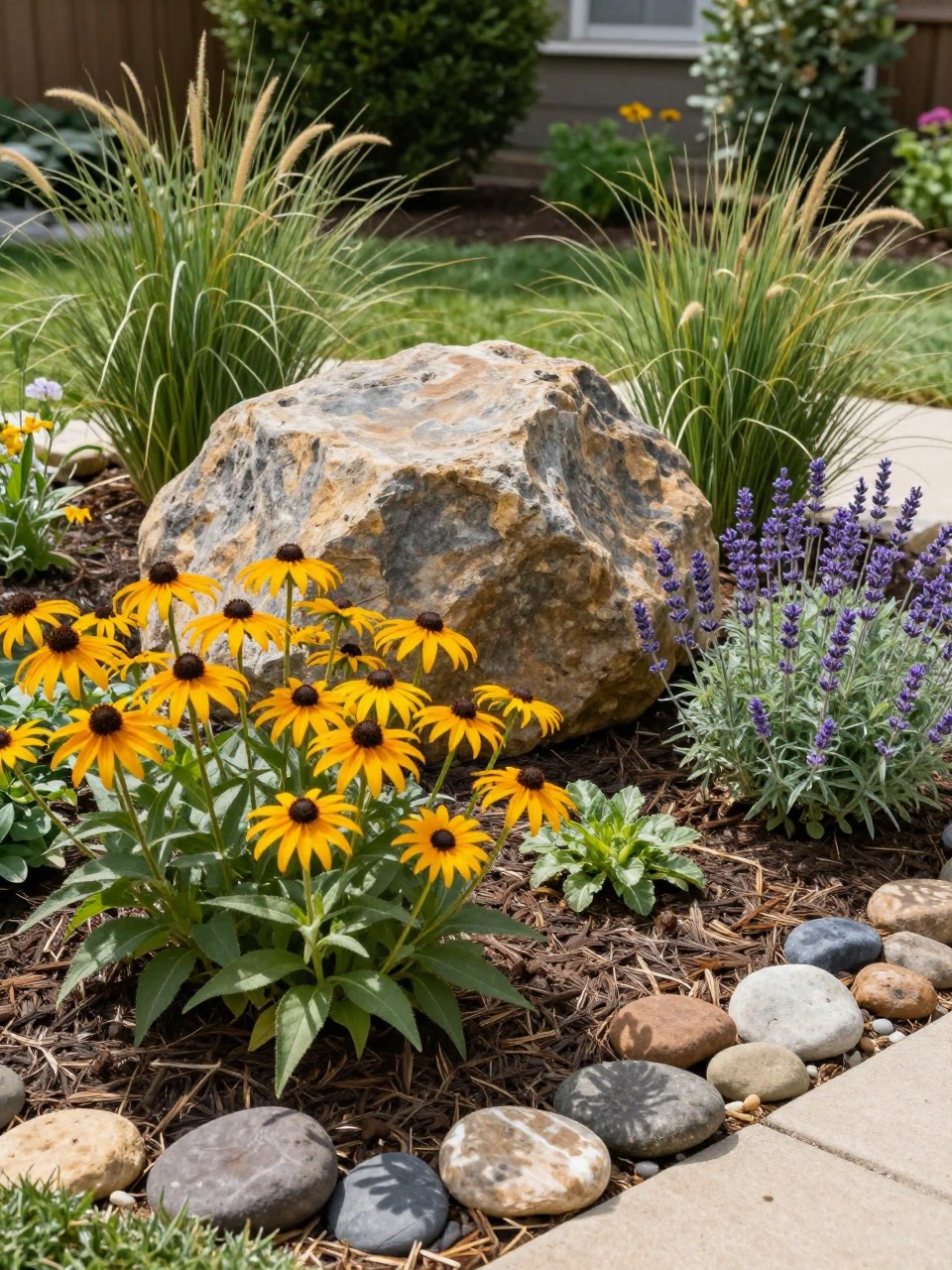 A landscaped flower bed with one large natural boulder as a focal point, surrounded by coneflowers, black-eyed Susans, lavender, catmint, ornamental grasses, and smaller river rocks, soft mulch, sunny backyard garden, realistic professional landscape photo, no people, no text, no watermarks on images.