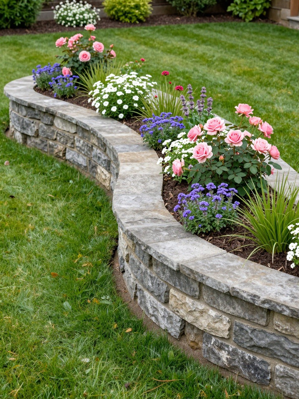 A curved retaining wall flower bed in a landscaped backyard, graceful stone wall following a soft curved line, planted with pink roses, white alyssum, purple verbena, catmint, and ornamental grasses, fresh mulch, lush green lawn, realistic elegant garden photo, no people, no text, no watermarks on images.
