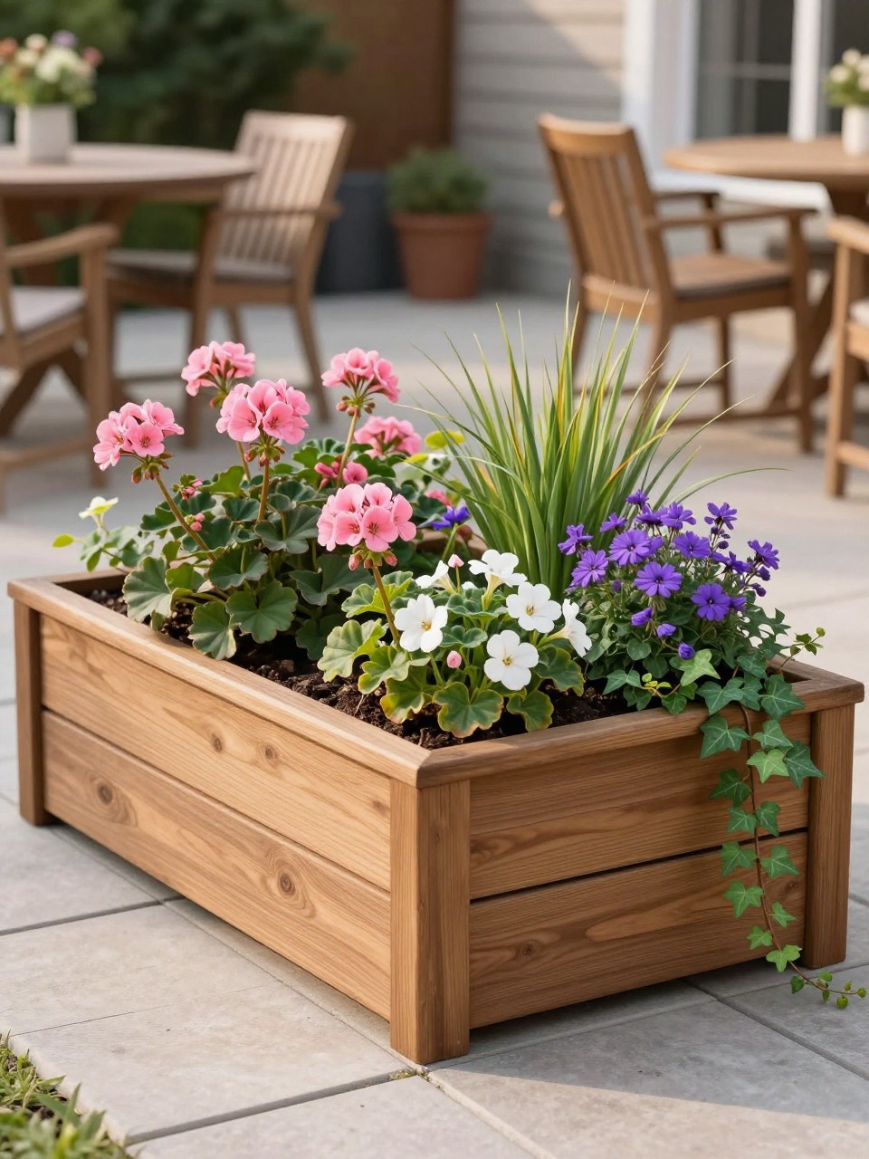 A small raised flower bed beside a backyard patio, built with smooth wooden boards, filled with pink geraniums, purple verbena, white begonias, ornamental grass, and trailing ivy, cozy outdoor seating nearby, clean patio pavers, warm afternoon light, realistic home garden photography, no people, no text, no watermarks on images.