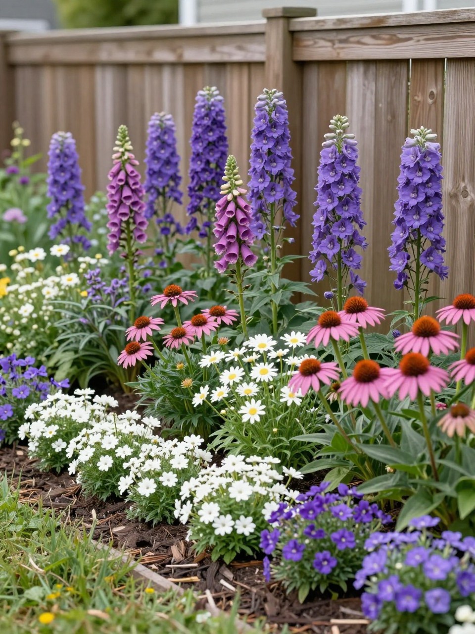 A realistic layered flower bed along a backyard fence, tall purple delphiniums and foxgloves at the back, medium pink coneflowers and white daisies in the middle, low white alyssum and purple verbena along the front edge, fresh dark mulch, wooden fence background, sunny home garden, DSLR photo quality, no people, no text, no watermarks on images.