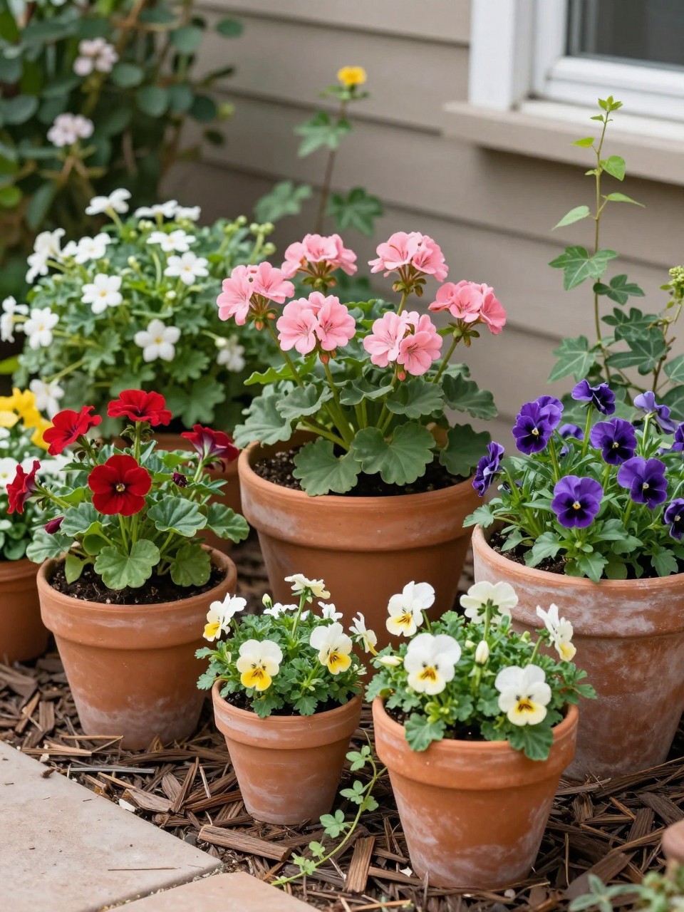 A small flower bed with a few terracotta pots placed among planted flowers, filled with geraniums, calibrachoa, pansies, and trailing ivy, mixed in-ground flowers and containers, warm patio garden corner, natural mulch, realistic cozy backyard photo, no people, no text, no watermark.