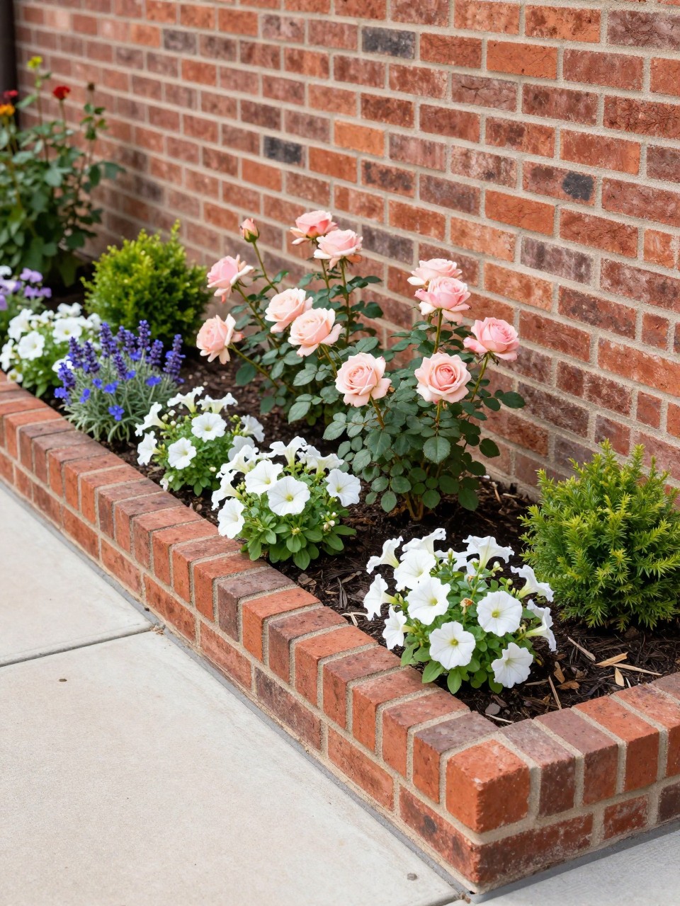 A raised brick flower bed built along the side of a house wall, warm red brick border, planted with compact roses, lavender, white petunias, blue lobelia, and dwarf shrubs, tidy mulch, classic home exterior, bright natural light, realistic garden photo, no people, no text, no watermarks on images.