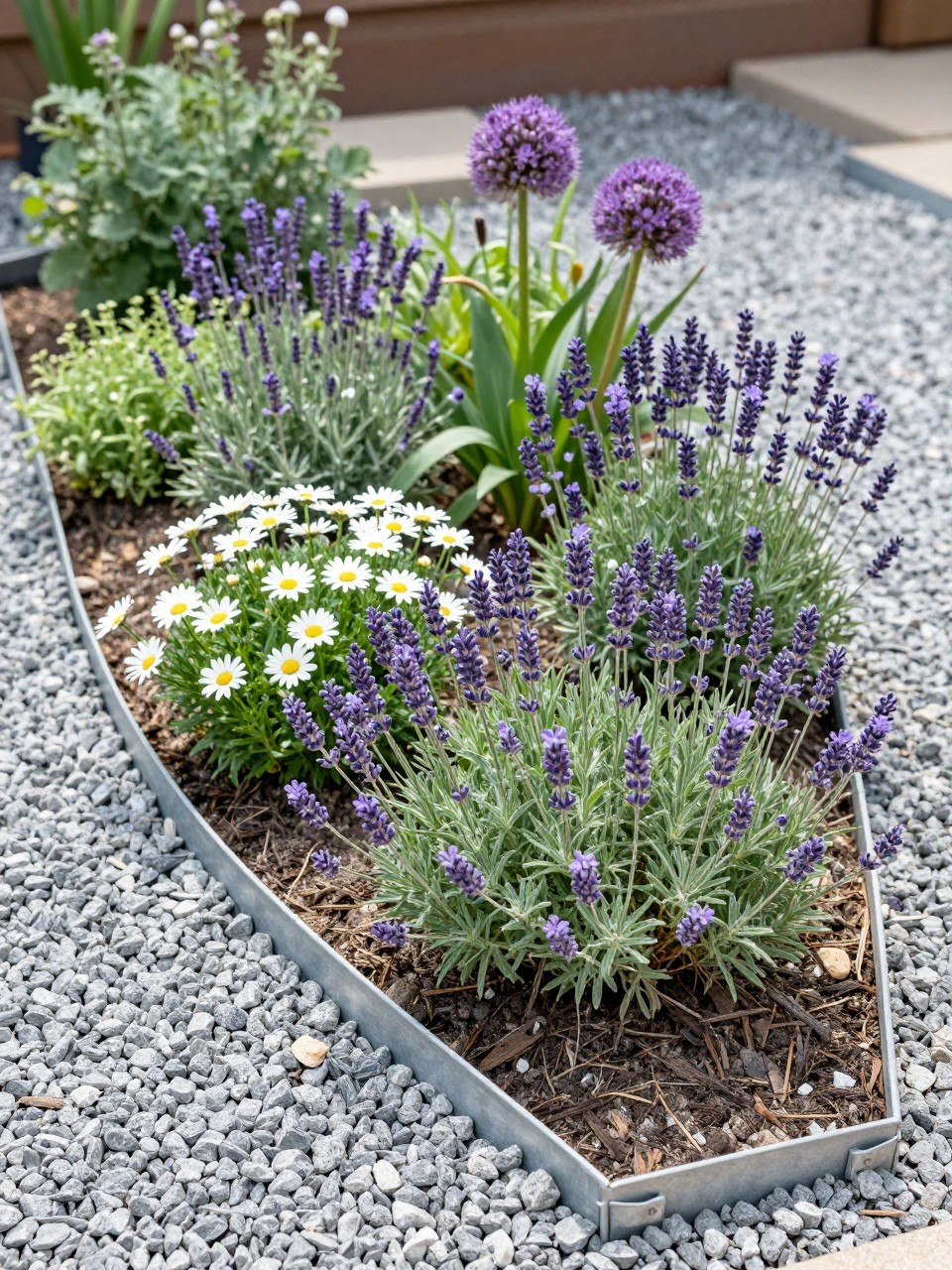 A practical flower bed with fine gray gravel used as mulch, planted with lavender, white daisies, purple alliums, salvia, and soft green herbs, clean metal edging, modern rustic backyard garden, bright sunny light, realistic photo quality, no people, no text, no watermarks on images.