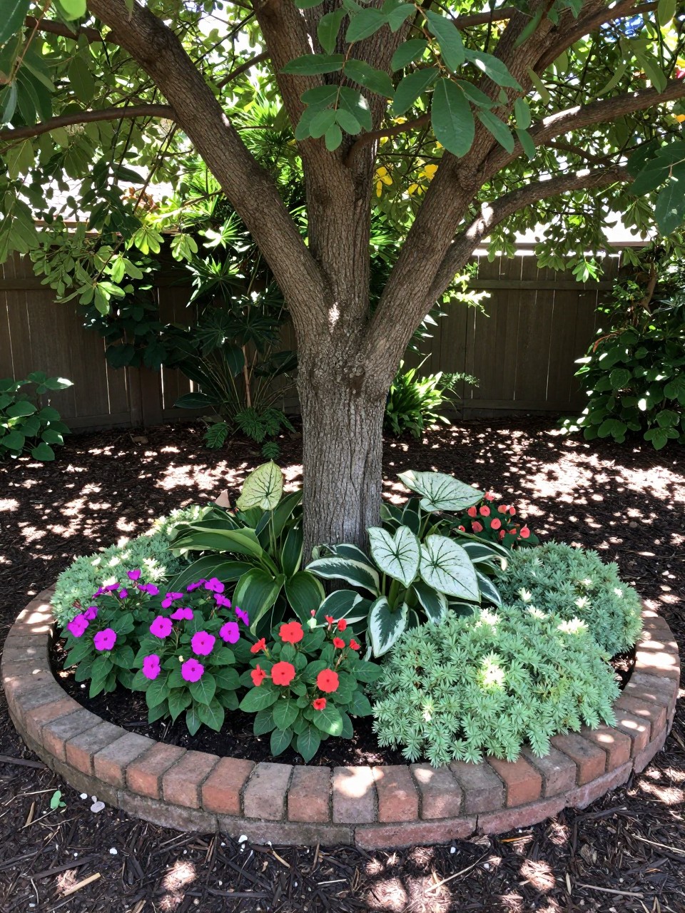A circular flower bed around the base of a mature tree, planted with shade-friendly impatiens, hostas, coral bells, white caladiums, and soft ground cover, low brick edging, dark mulch, dappled sunlight under tree branches, cozy backyard garden setting, realistic photo, no people, no text, no watermarks on images.