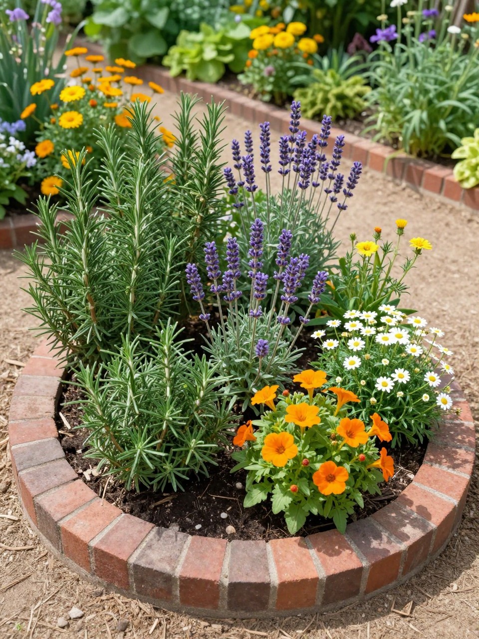 A circular herb and flower bed in a sunny garden, planted with rosemary, thyme, lavender, calendula, nasturtiums, and chamomile, neat brick circular edging, mulch paths around it, practical edible garden style, realistic home garden photo, no people, no text, no watermarks on images.