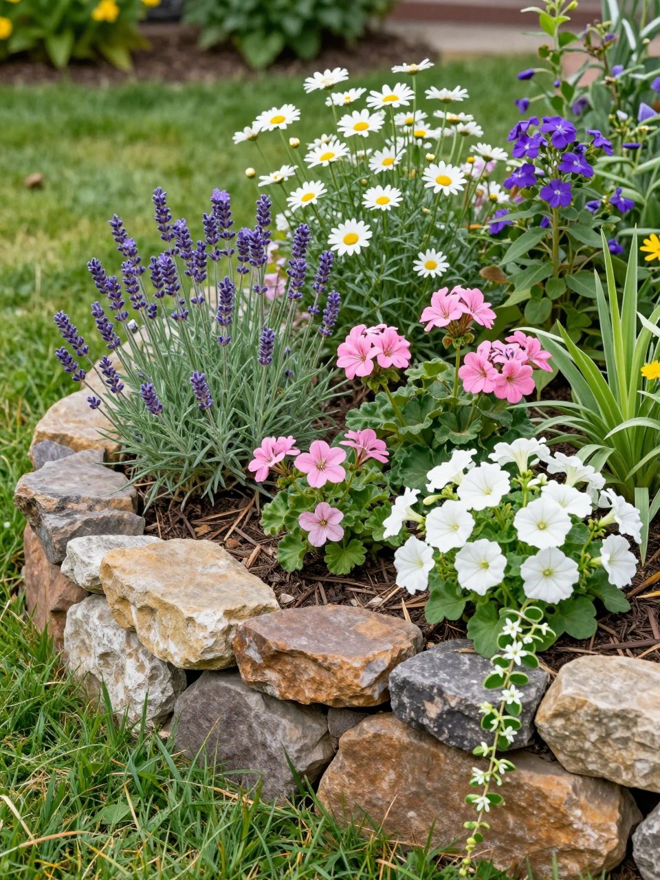 A beautiful raised flower bed made with natural stacked stone, filled with lavender, daisies, pink geraniums, white petunias, and trailing creeping phlox, soft mulch, green lawn beside it, sunny home garden setting, realistic landscape photography, no people, no text, no watermarks on images.