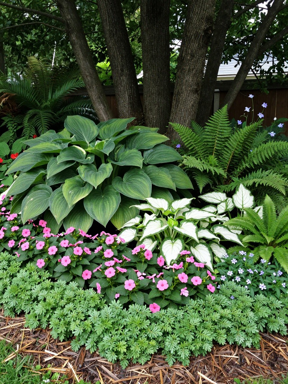 A shaded layered flower bed under tall trees, large hostas and ferns at the back, coral bells and white caladiums in the middle, pink impatiens and low ajuga ground cover at the front, natural mulch, peaceful backyard shade garden, realistic outdoor photo, no people, no text, no watermarks on images.
