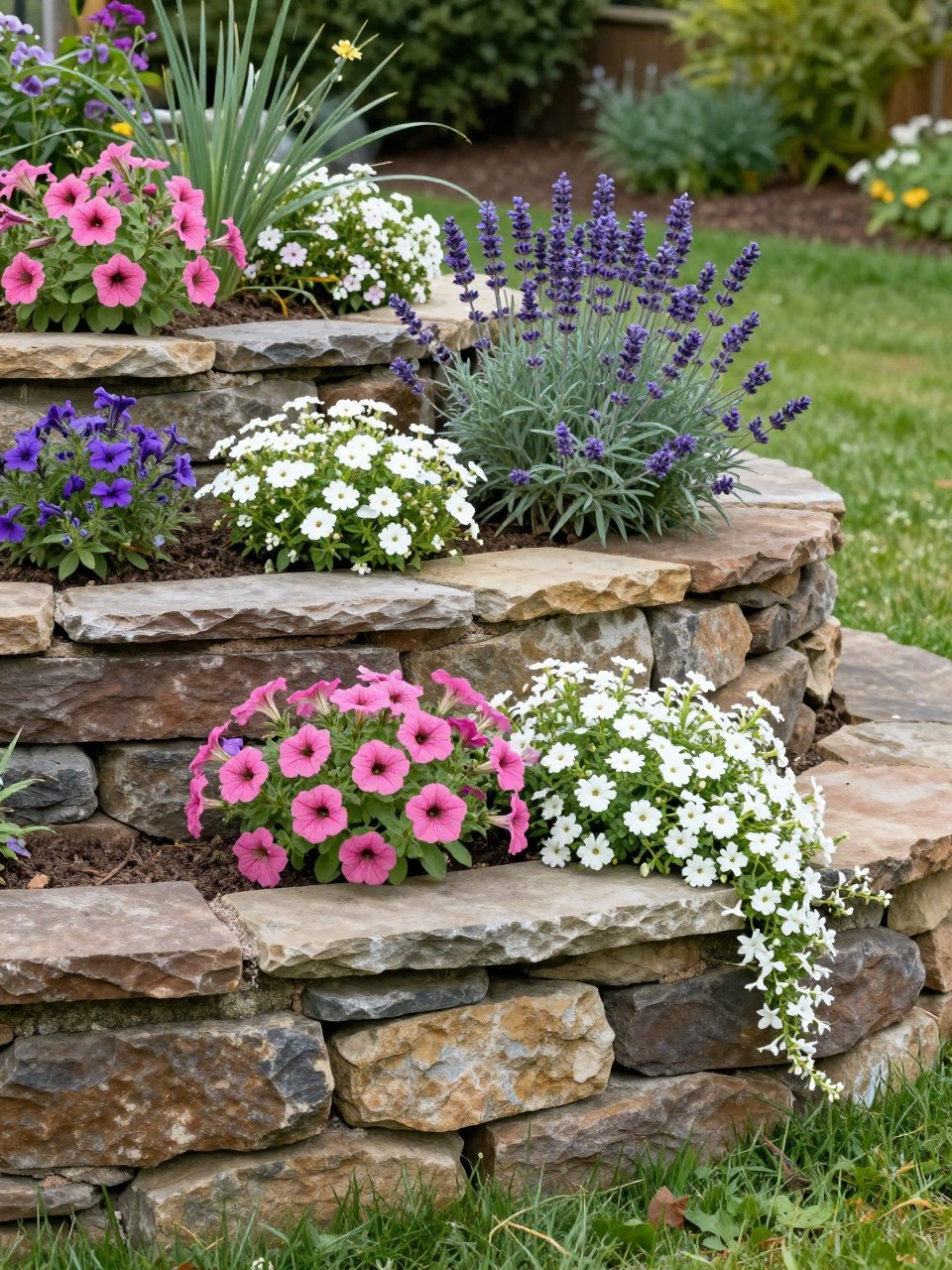A realistic tiered stone retaining wall flower bed in a backyard garden, built with natural stacked stone, two to three layered levels planted with pink petunias, white alyssum, purple salvia, lavender, and trailing creeping phlox spilling gently over the edges, lush green lawn nearby, soft morning light, charming landscaped yard, DSLR photo quality, no people, no text, no watermarks on images.
