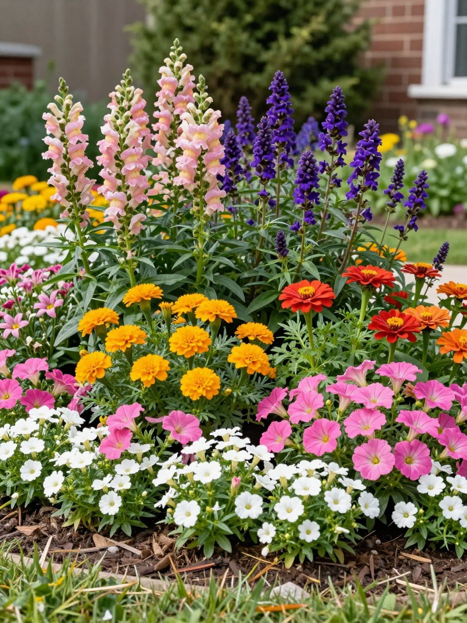 A cheerful layered flower bed filled with seasonal color, tall snapdragons and salvia in the back, bright zinnias and marigolds in the middle, pink petunias and white alyssum along the front, fresh mulch, sunny front yard garden, realistic colorful landscaping photo, no people, no text, no watermarks on images.