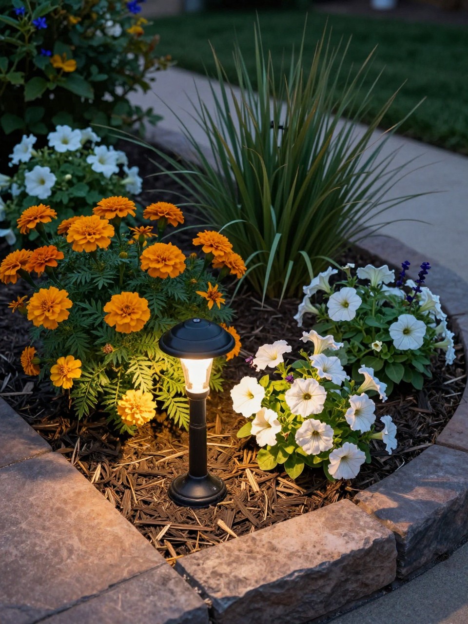 A small flower bed with low solar garden lights tucked among marigolds, petunias, salvia, and ornamental grass, neat mulch, curved stone border, evening glow, cozy front yard garden, realistic warm outdoor photo, no people, no text, no watermark.