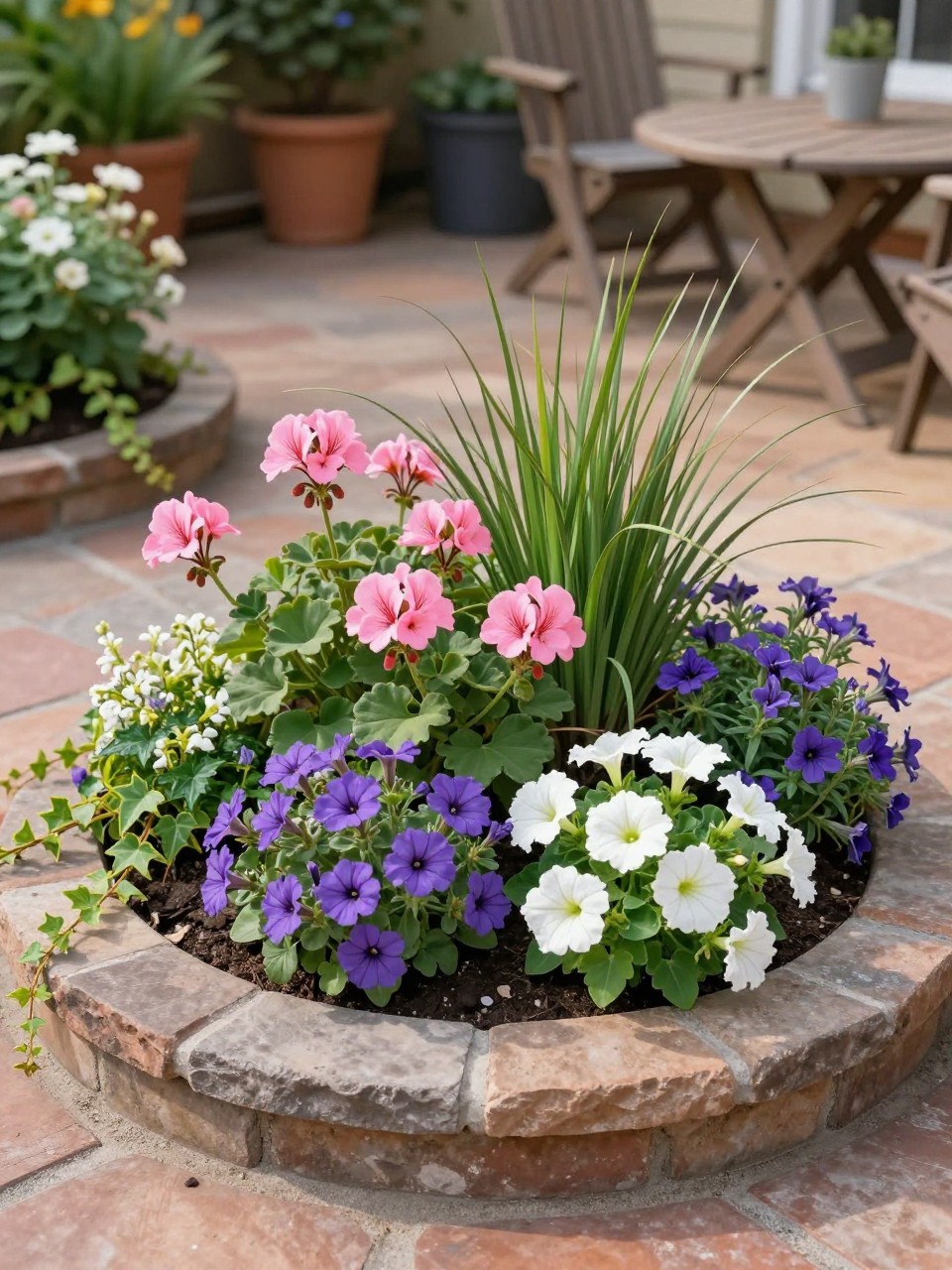 A small circular flower bed beside a backyard patio, filled with pink geraniums, purple verbena, white petunias, ornamental grass, and trailing ivy, neat stone border, cozy outdoor seating area nearby, warm afternoon light, realistic home garden photo, no people, no text, no watermarks on images.