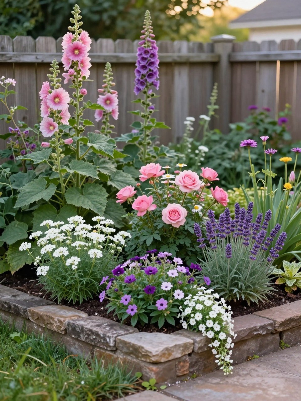 A layered cottage corner flower bed where two garden fences meet, tall hollyhocks and foxgloves in the back corner, pink roses and daisies in the middle, lavender, white alyssum, and trailing lobelia in the front, rustic stone edging, warm evening light, realistic backyard garden scene, no people, no text, no watermarks on images.