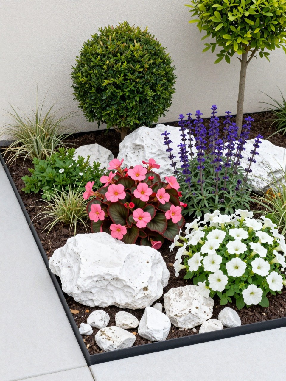 A modern flower bed with white decorative rocks, planted with pink begonias, purple salvia, white petunias, dwarf boxwood, and small ornamental grasses, clean black edging, light-colored house wall nearby, bright daylight, realistic modern front garden design, no people, no text, no watermarks on images.