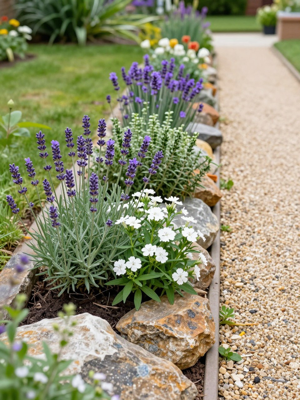 A narrow flower bed along a garden walkway, lined with medium natural rocks, planted with lavender, dwarf zinnias, white dianthus, creeping thyme, and purple verbena, gravel path beside it, sunny backyard path, realistic home garden photography, no people, no text, no watermarks on images.