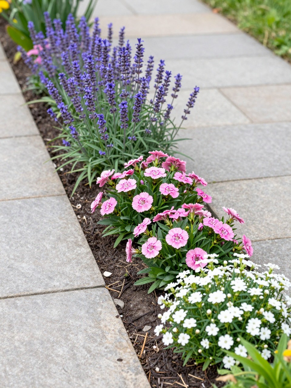 A narrow layered flower bed along a stone garden walkway, medium lavender and salvia toward the back, pink dianthus and dwarf zinnias in the middle, creeping thyme and white alyssum along the walkway edge, neat mulch, sunny home garden path, realistic DSLR photo, no people, no text, no watermarks on images.