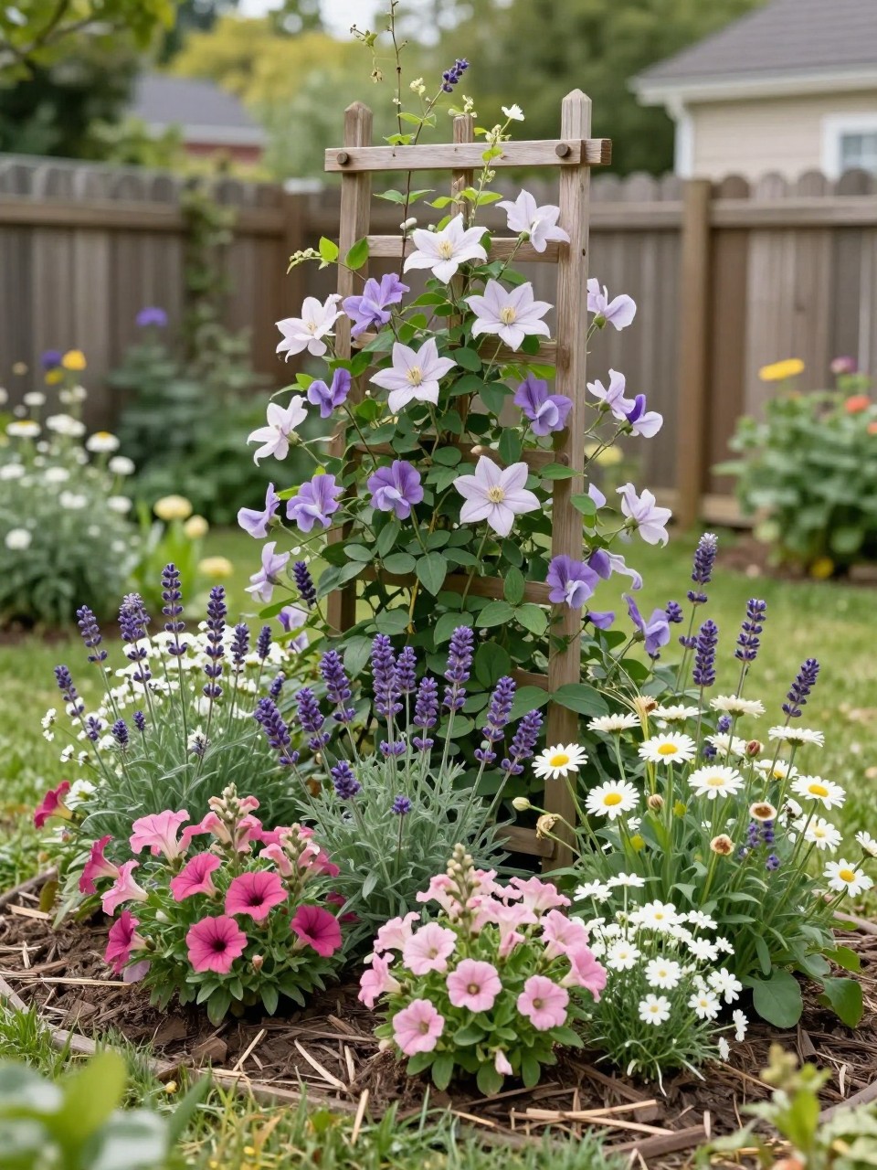 A cottage garden flower bed with a small wooden trellis at the back, climbing clematis and sweet peas growing upward, lavender, daisies, pink petunias, snapdragons, and white alyssum planted below, rustic mulch, sunny backyard fence line, realistic cottage garden photo, no people, no text, no watermarks on images.
