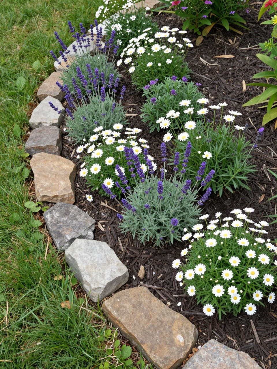 A realistic garden flower bed with natural stone edging, irregular flat stones placed tightly along a curved bed, filled with lavender, daisies, salvia, and white alyssum, fresh dark mulch, green lawn beside the edge, sunny backyard garden, DSLR photo quality, no people, no text, no watermark.