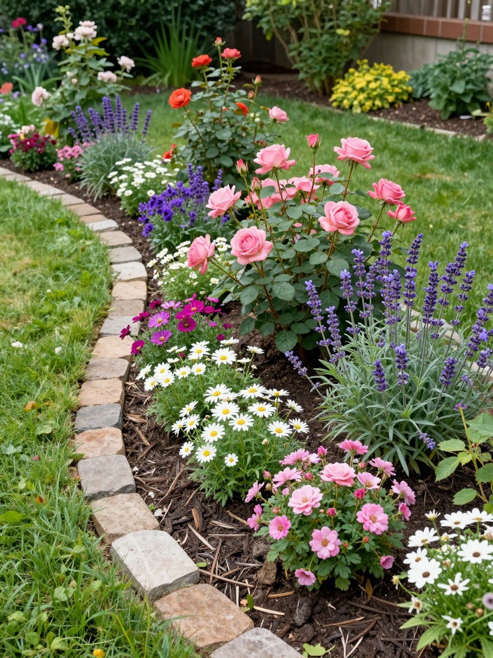 A curved cottage garden flower bed in a sunny backyard, planted with pink roses, purple salvia, white daisies, lavender, cosmos, and trailing alyssum, natural stone border following the curve, dark mulch, green lawn beside it, realistic home garden photo, no people, no text, no watermarks on images.