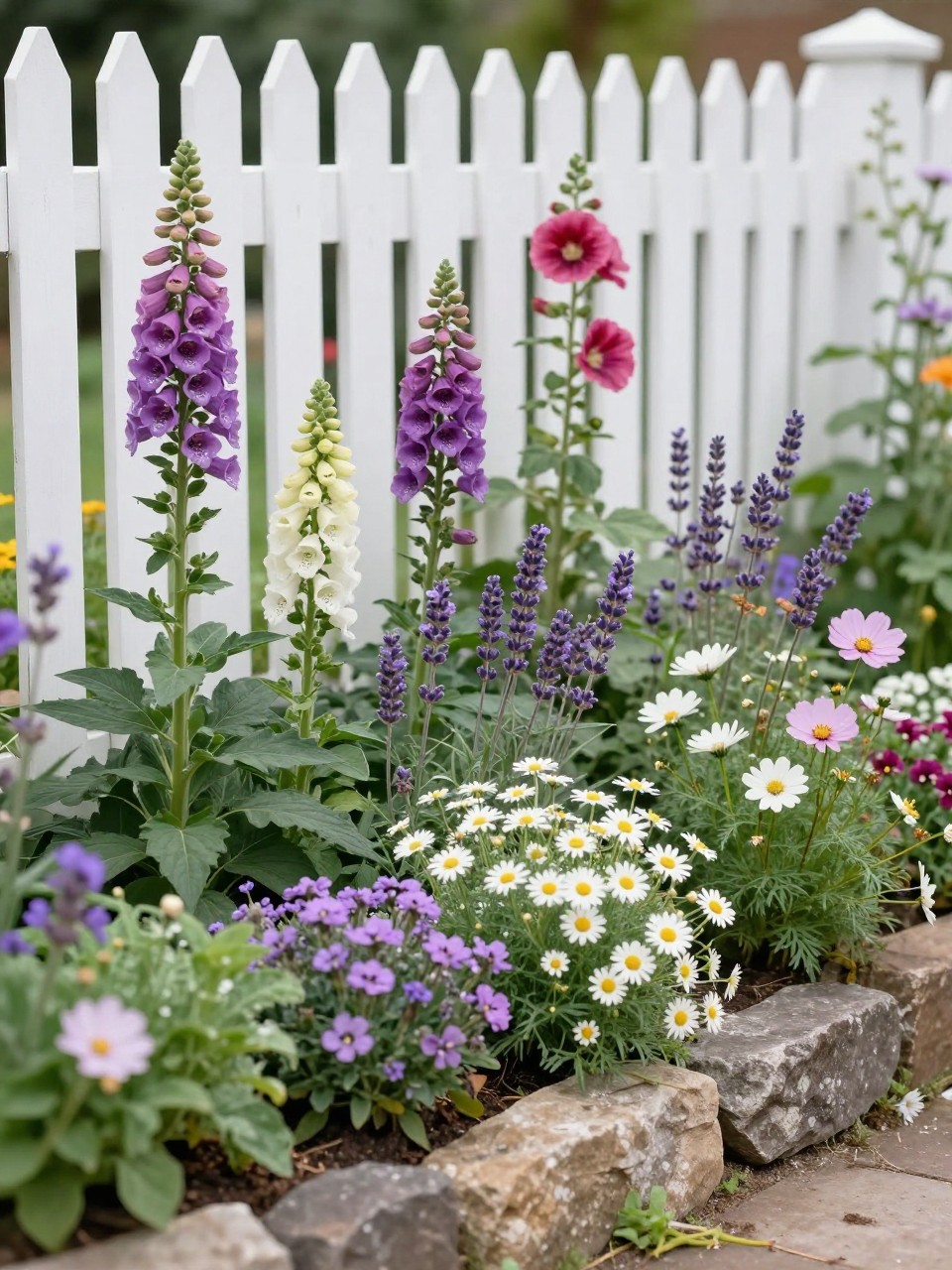 A lush cottage-style layered flower bed beside a white picket fence, filled with tall foxgloves, hollyhocks, snapdragons, lavender, daisies, cosmos, and trailing sweet alyssum, loose romantic planting style, rustic stone edging, soft morning light, realistic cottage garden photography, no people, no text, no watermarks on images.
