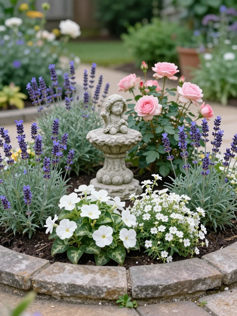 A circular flower bed with a small stone garden statue in the center, surrounded by lavender, white begonias, pink roses, blue lobelia, and soft trailing alyssum, natural stone edging, elegant cottage-style backyard garden, soft morning light, realistic photo, no people, no text, no watermarks on images.