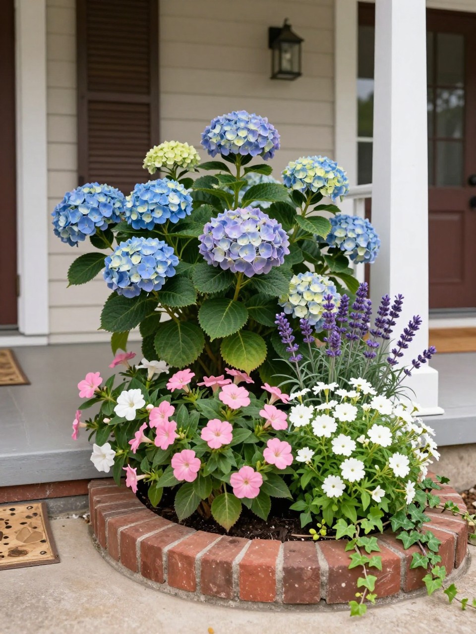 A small cottage-style flower bed beside a front porch, filled with hydrangeas, pink impatiens, white begonias, lavender, trailing ivy, and sweet alyssum, curved brick edging, cozy porch steps nearby, warm daylight, realistic welcoming home exterior, no people, no text, no watermarks on images.
