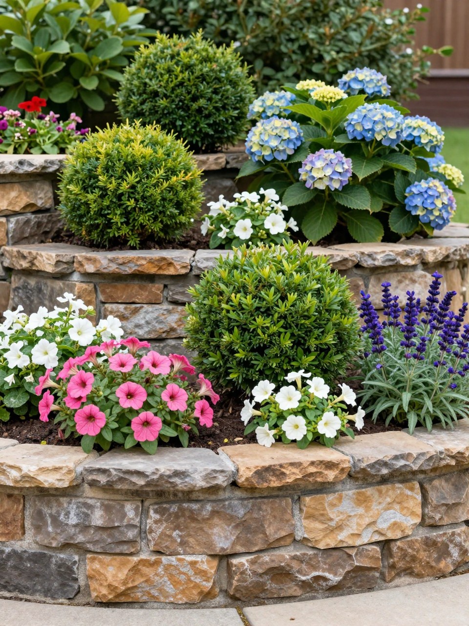 A realistic retaining wall flower bed combining compact shrubs and seasonal flowers, stacked stone wall, planted with boxwood, dwarf hydrangeas, pink petunias, white begonias, and purple salvia, layered structured design, front or backyard garden setting, bright natural light, no people, no text, no watermarks on images.
