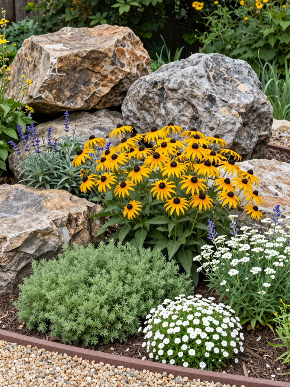 A layered flower bed with natural rocks, large boulders placed toward the back, medium coneflowers, black-eyed Susans, and salvia in the middle, low sedum, creeping thyme, and white alyssum at the front, gravel accents, sunny backyard garden, realistic landscape photo, no people, no text, no watermarks on images.
