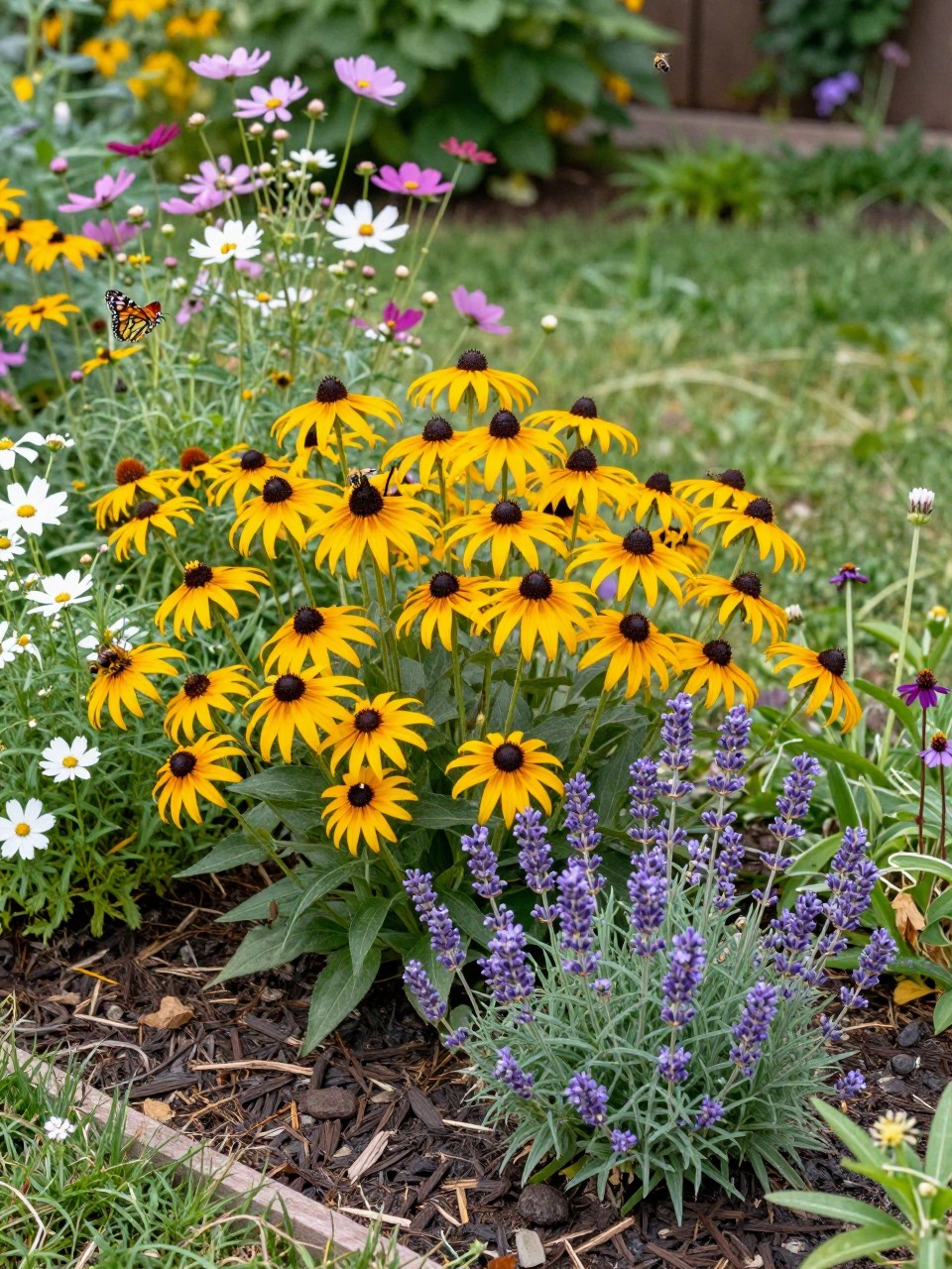 A small pollinator-friendly flower bed filled with coneflowers, black-eyed Susans, lavender, bee balm, and small cosmos, natural mulch, soft garden border, butterflies and bees gently around the flowers, sunny backyard setting, realistic nature garden photo, no people, no text, no watermark.