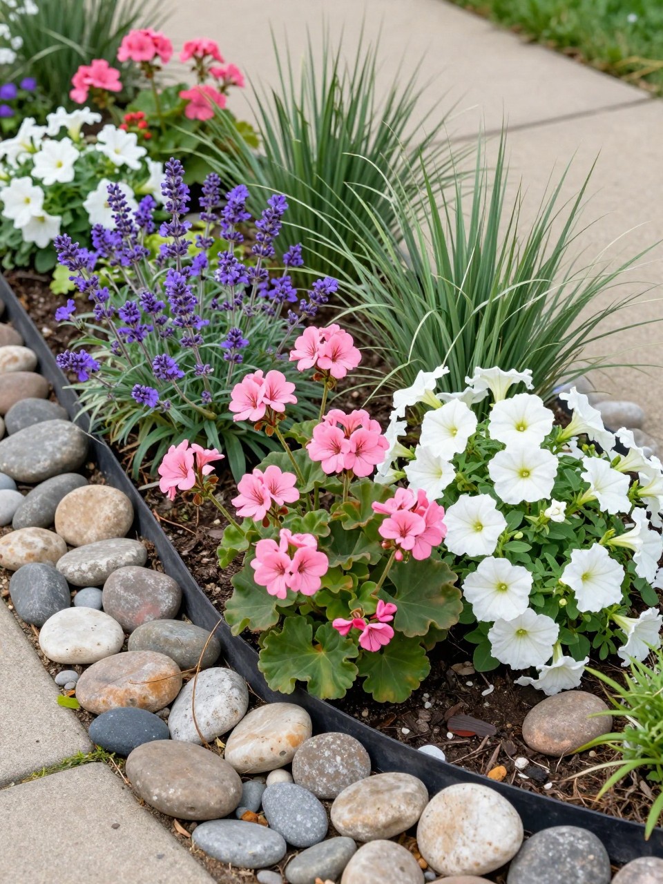 A small flower bed filled with smooth river rocks around the plants, planted with pink geraniums, white petunias, purple verbena, lavender, and soft ornamental grass, low black metal edging, neat front yard garden, bright natural light, realistic landscaping photo, no people, no text, no watermarks on images.
