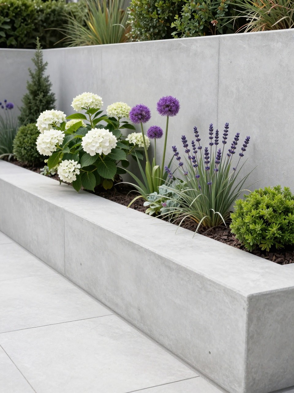 A sleek modern concrete retaining wall flower bed beside a patio, smooth light gray concrete wall, planted with white hydrangeas, purple alliums, ornamental grasses, lavender, and neat green shrubs, minimalist landscaping, bright daylight, elegant modern backyard, realistic photo, no people, no text, no watermarks on images.
