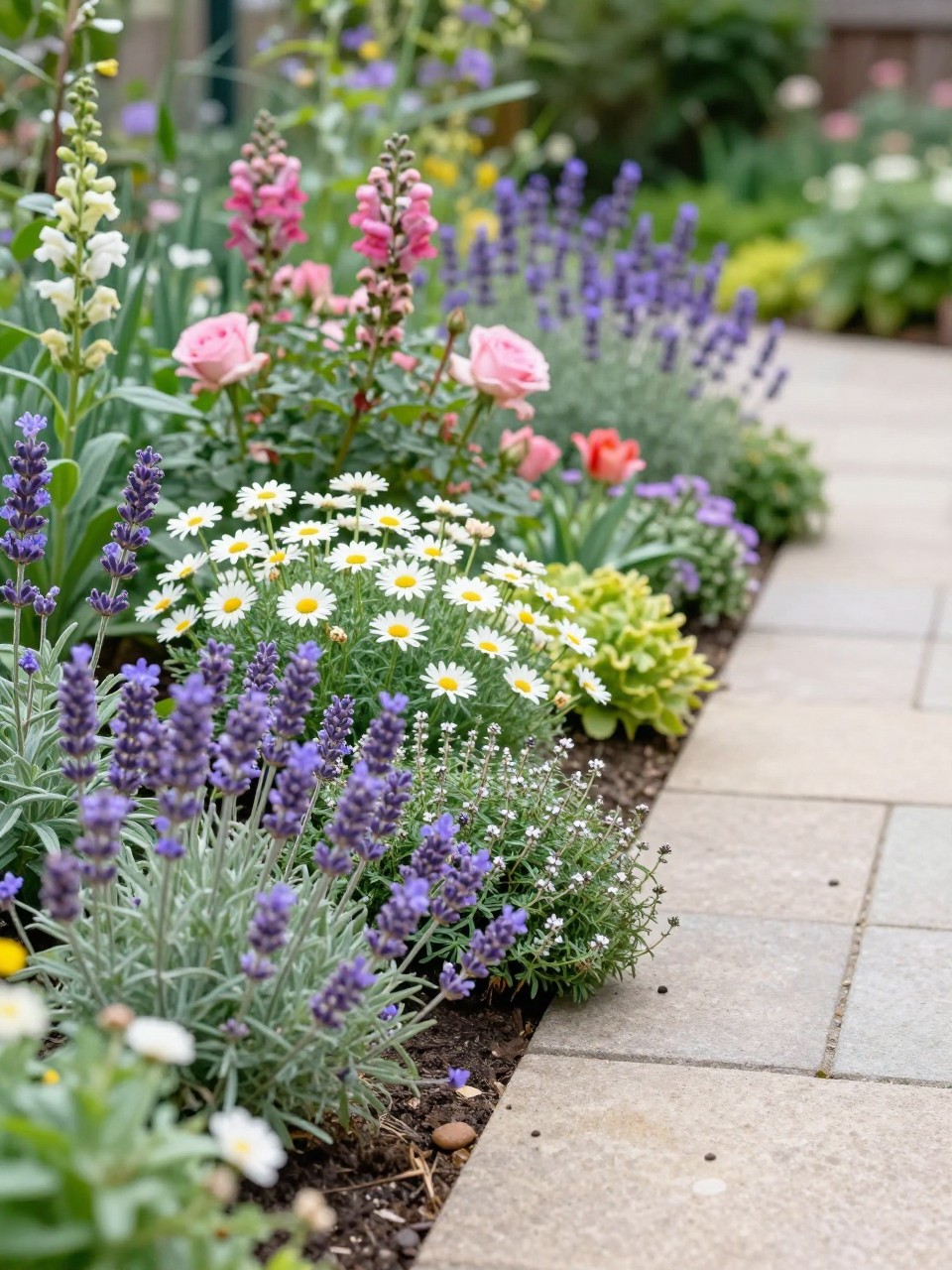 A cottage garden flower bed beside a narrow stepping stone path, filled with lavender, daisies, pink roses, snapdragons, blue salvia, and creeping thyme along the path edge, soft layered planting, sunny backyard garden, realistic DSLR photo, no people, no text, no watermarks on images.