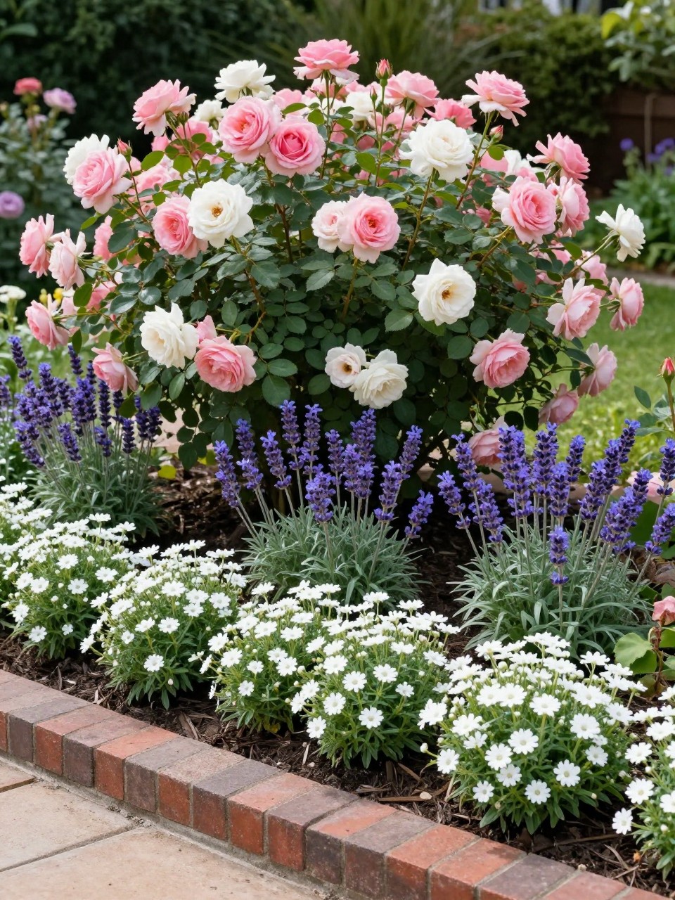 An elegant layered rose flower bed in a home garden, compact pink and white roses at the back, lavender and catmint in the middle, white alyssum and blue lobelia along the front, dark mulch, curved brick edging, sunny romantic garden setting, realistic photo quality, no people, no text, no watermarks on images.