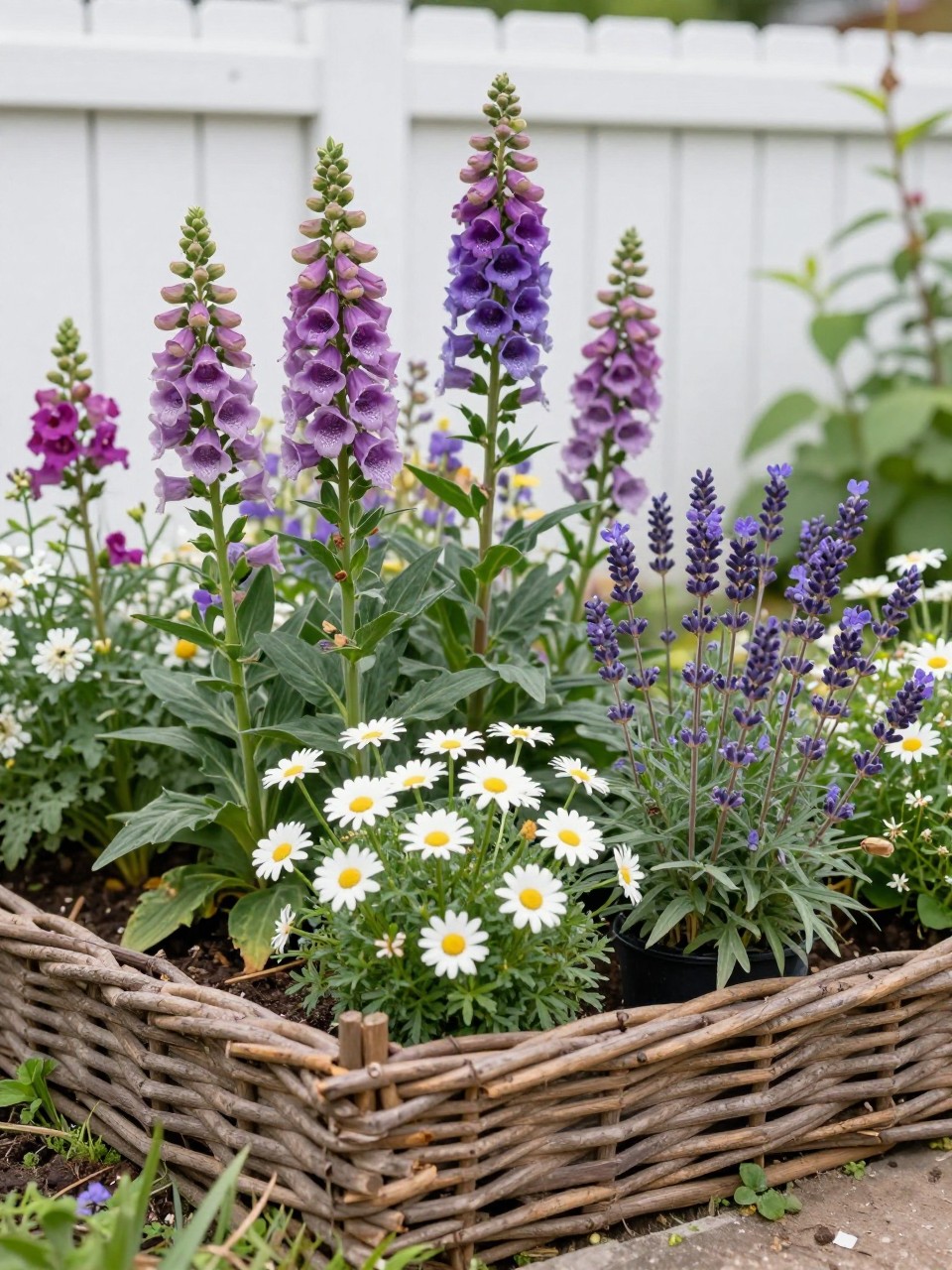 A cottage garden flower bed with low woven willow edging, soft brown natural branches woven into a small fence border, filled with foxgloves, daisies, lavender, snapdragons, and alyssum, white fence in the background, realistic cottage garden scene, no people, no text, no watermark.