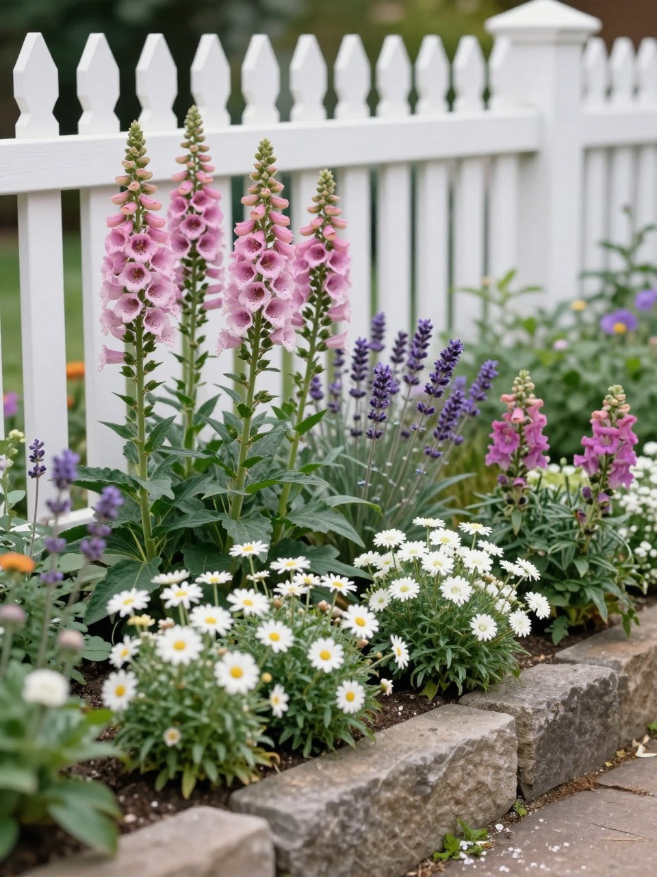 A realistic cottage garden flower bed along a white picket fence, filled with tall foxgloves, pink hollyhocks, lavender, daisies, snapdragons, and white sweet alyssum, layered full planting, rustic stone edging, soft morning light, cozy home garden setting, DSLR photo quality, no people, no text, no watermarks on images.