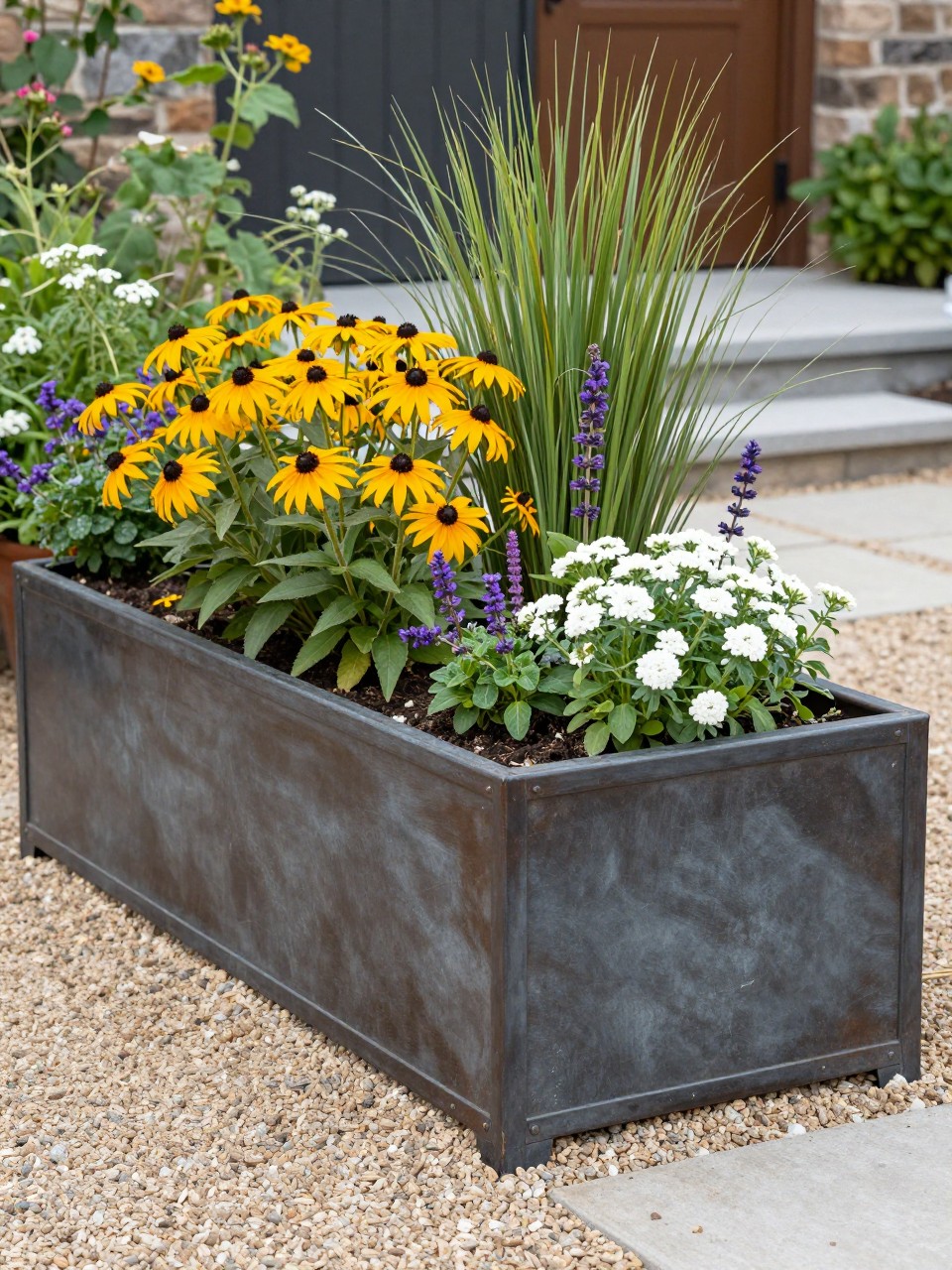 A stylish metal raised flower bed in a home garden, dark galvanized steel bed with clean lines, planted with coneflowers, black-eyed Susans, salvia, ornamental grasses, and white alyssum, gravel path nearby, modern rustic backyard setting, realistic photo quality, no people, no text, no watermarks on images.