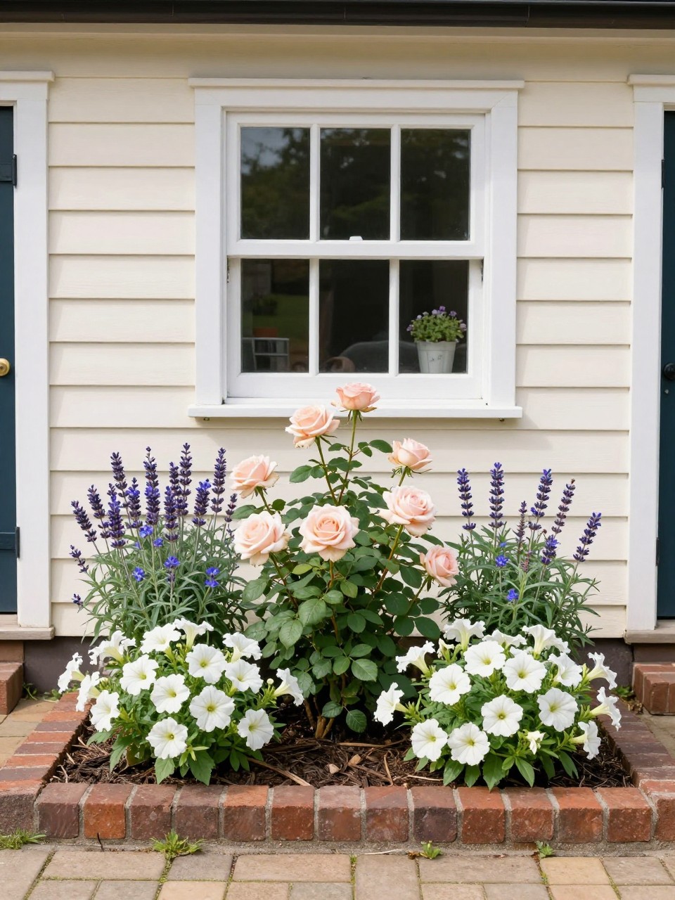 A small flower bed under a house window, filled with compact roses, lavender, white petunias, and blue lobelia, tidy mulch, low brick edging, cream house exterior, sunny cottage-inspired front yard, realistic DSLR photo, no people, no text, no watermark.