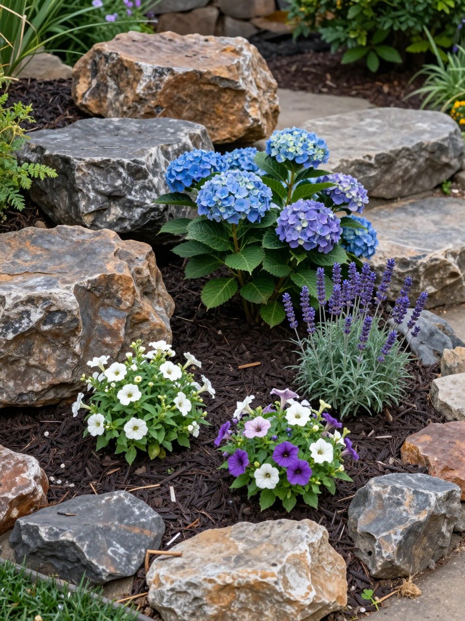 A layered flower bed using both natural rocks and dark mulch, larger rocks placed around the back and border, mulch around flower roots, planted with hydrangeas, lavender, petunias, salvia, and trailing alyssum, elegant backyard garden, soft afternoon light, realistic landscaping photo, no people, no text, no watermarks on images.