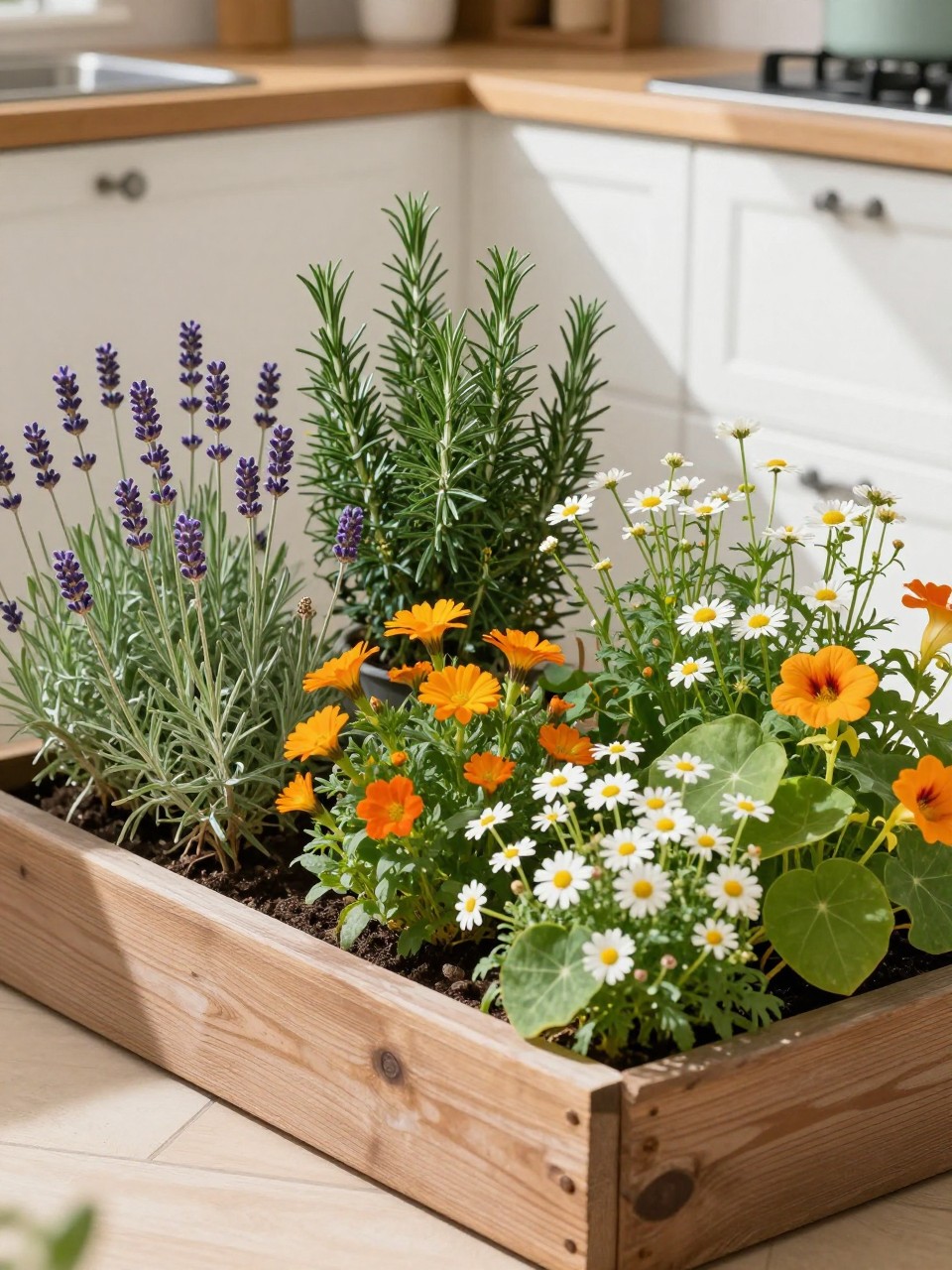 A cottage-style flower bed mixed with herbs, planted with lavender, rosemary, thyme, calendula, chamomile, daisies, and nasturtiums, rustic wooden edging, sunny kitchen garden corner, warm daylight, realistic home garden photo, no people, no text, no watermarks on images.