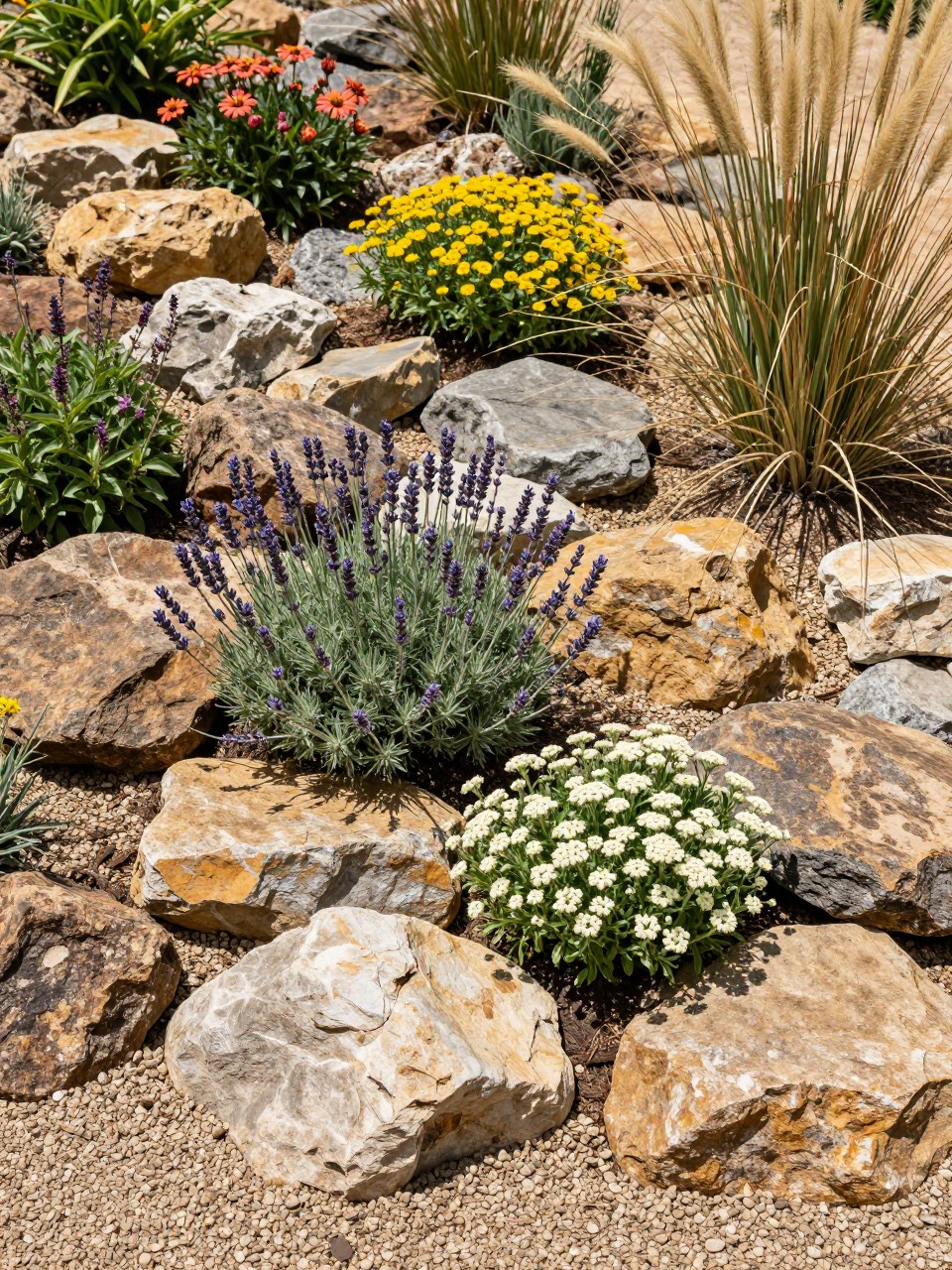 A sunny rock garden flower bed with mixed natural rocks, gravel mulch, and drought-tolerant flowers, planted with lavender, yarrow, salvia, sedum, gaura, and ornamental grasses, warm dry garden setting, low-maintenance backyard landscape, realistic DSLR photo, no people, no text, no watermarks on images.