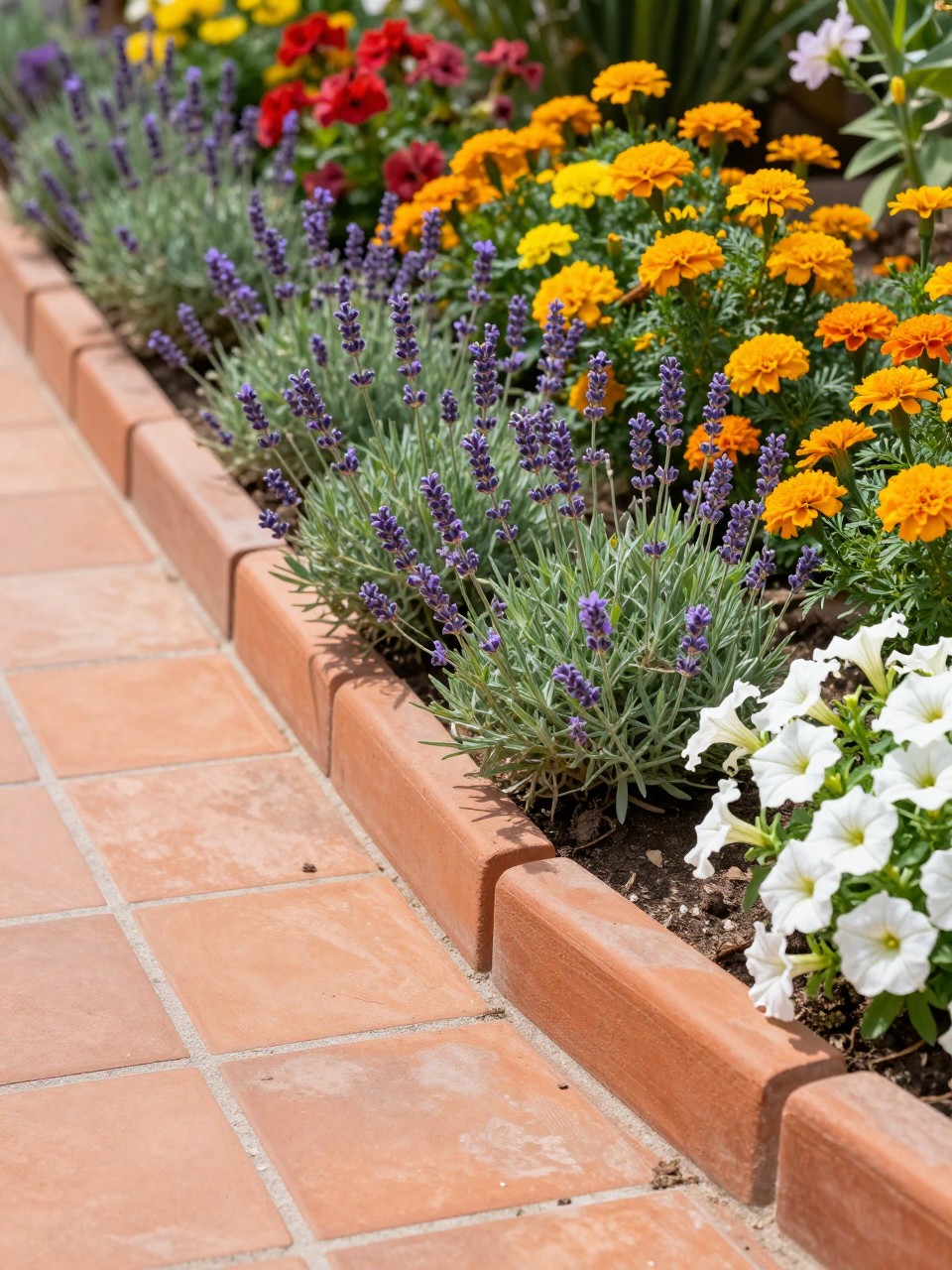 A sunny flower bed edged with terracotta tiles, warm orange clay edging pieces set neatly along a curved border, planted with lavender, geraniums, marigolds, and white petunias, Mediterranean-style garden corner, realistic outdoor photo, no people, no text, no watermark.