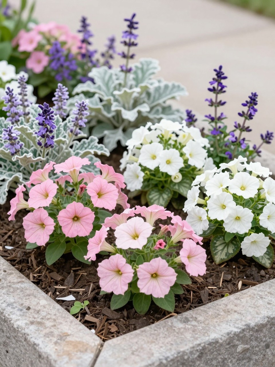 A small color-themed flower bed in soft pink, white, and lavender tones, planted with pink petunias, white begonias, lavender, dusty miller, and pale purple salvia, simple stone border, fresh mulch, bright clean garden setting, realistic photo quality, no people, no text, no watermark.