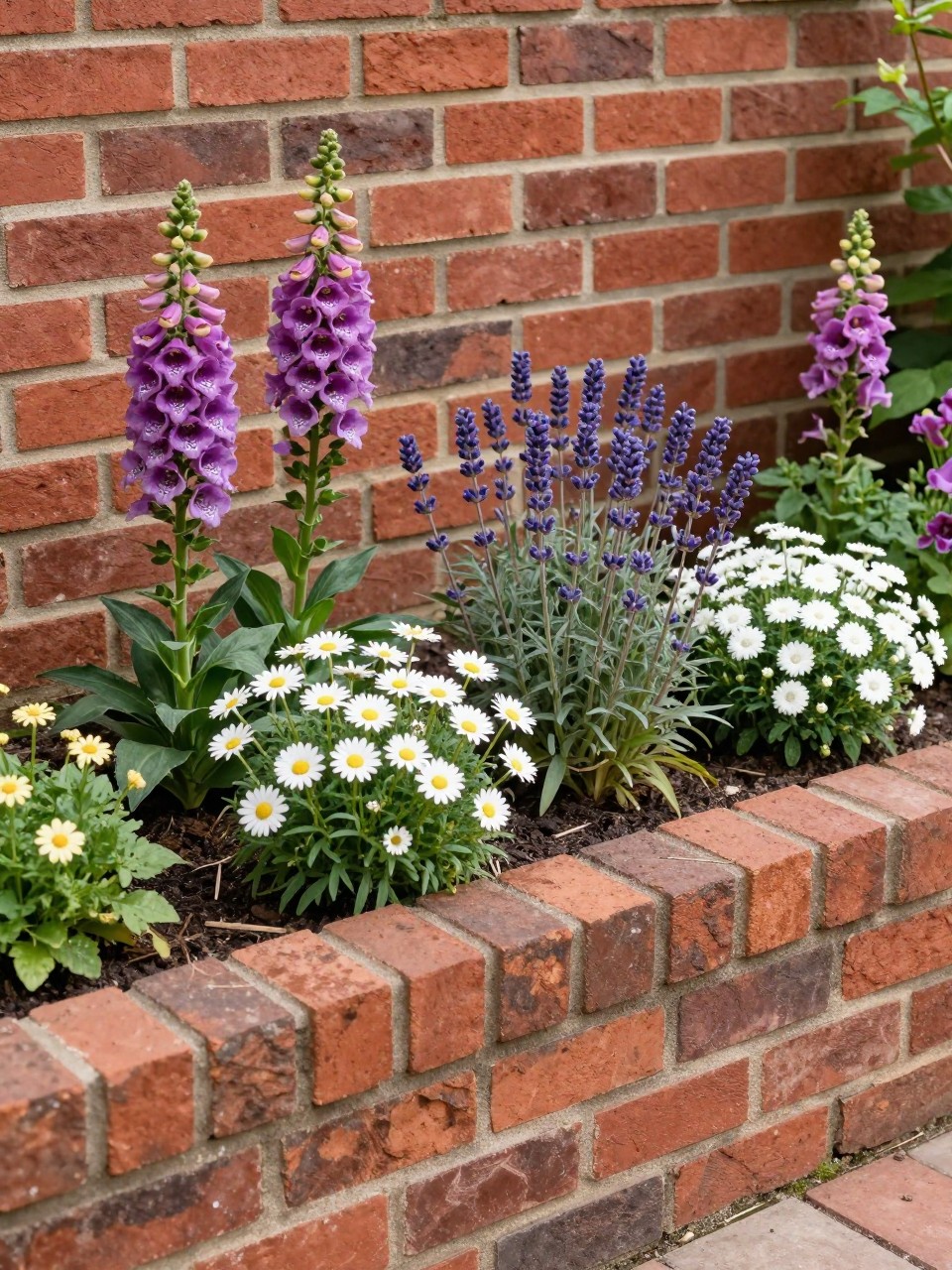 A small brick retaining wall flower bed in a cozy garden, warm red brick wall with a slightly aged look, planted with foxgloves, daisies, lavender, snapdragons, and white sweet alyssum, layered cottage garden style, soft mulch, sunny afternoon light, realistic home garden scene, DSLR photo quality, no people, no text, no watermarks on images.