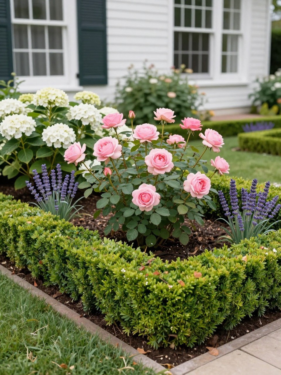 A formal flower bed edged with a low boxwood hedge, neatly trimmed green border around pink roses, white hydrangeas, lavender, and dark mulch, classic front yard garden, elegant home exterior, bright natural light, realistic garden photography, no people, no text, no watermark.