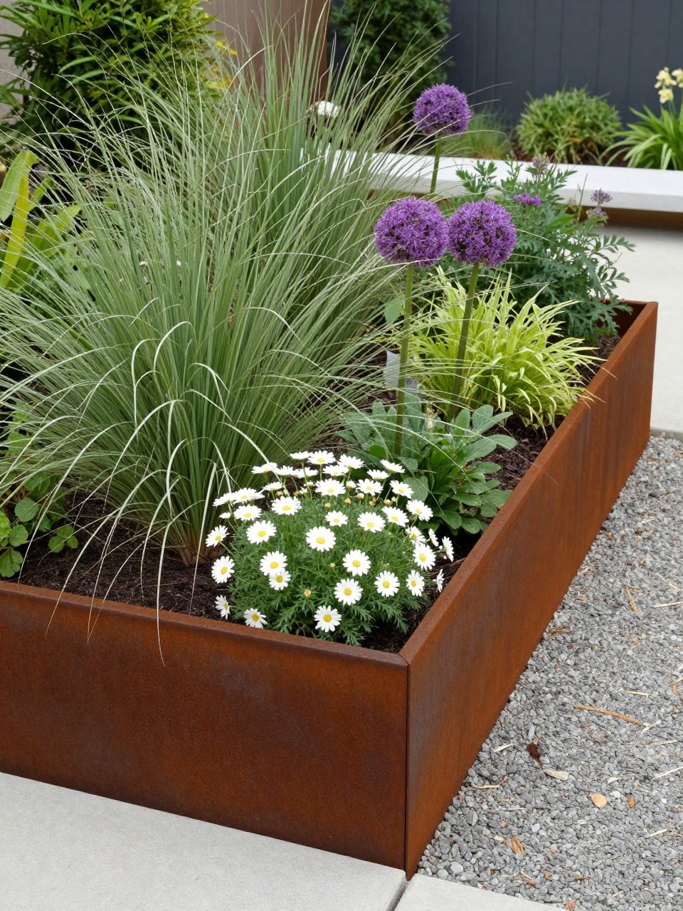 A modern garden flower bed with corten steel edging, warm rust-colored metal border, filled with ornamental grasses, purple alliums, white daisies, and green foliage, gravel path beside it, clean contemporary backyard setting, realistic photo quality, no people, no text, no watermark.