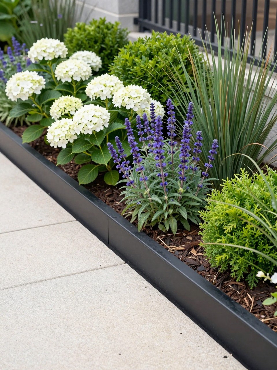 A modern flower bed with slim black metal edging, clean straight lines, white hydrangeas, purple salvia, boxwood, and ornamental grasses, light gravel path beside the bed, fresh mulch, modern backyard garden design, realistic DSLR image, no people, no text, no watermark.
